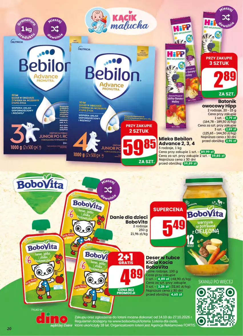 Gazetka promocyjna Dino - Gazetka 42 / 2026 - ważna 14.10 do 20.10.2026 - strona 20 - produkty: Baton, BEBILON, BoboVita, Danie dla dzieci, Deser, Dzieci, Gra, HiPP, Koc, Maliny, Mleko, Mleko Bebilon, Por, Ser, Tonik