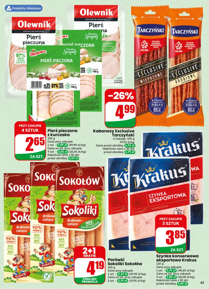 Gazetka promocyjna Dino - Gazetka 42 / 2026 - ważna 14.10 do 20.10.2026 - strona 45 - produkty: KOBO, Krakus, Kurczak, Parówki, Piec, Por, Ser, Sok, Sokołów, Sport, Szynka, Szynka konserwowa, Tarczyński