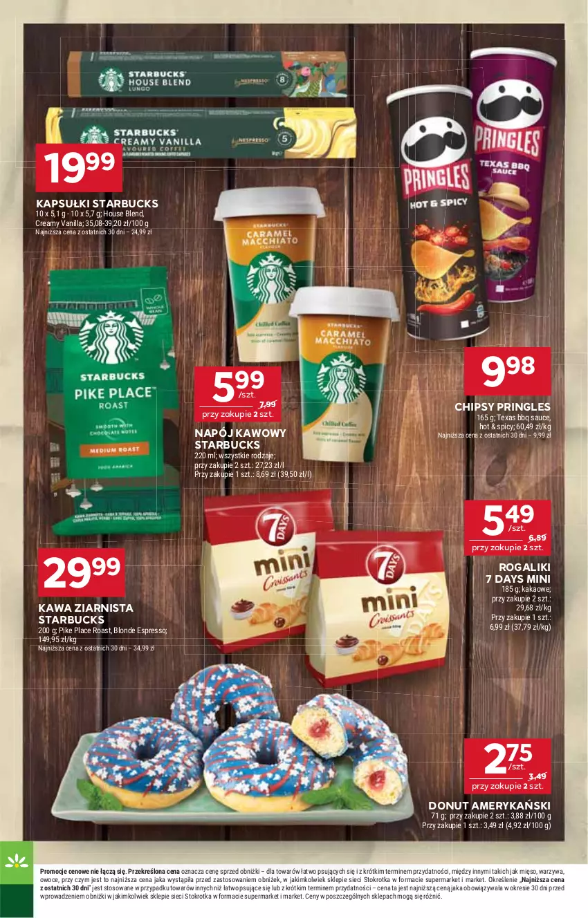 Gazetka promocyjna Stokrotka - Supermarket - ważna 18.09 do 24.09.2025 - strona 28 - produkty: 7 Days, Chipsy, Donut, Kakao, Kawa, Kawa ziarnista, Mięso, Napój, Owoce, Pringles, Rogal, Warzywa