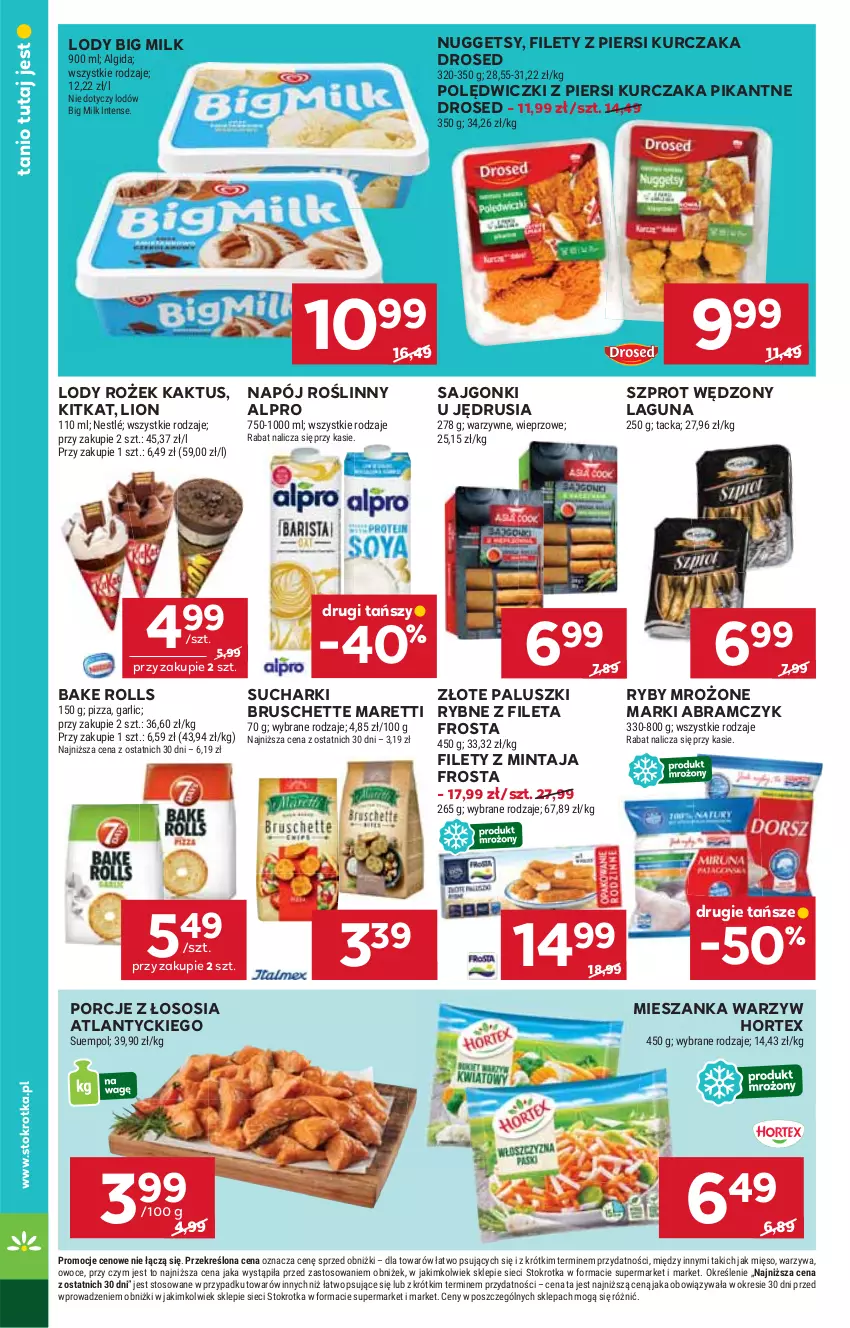Gazetka promocyjna Stokrotka - Supermarket - ważna 18.09 do 24.09.2025 - strona 32 - produkty: Algida, Alpro, Bake Rolls, Big Milk, Bruschette, Frosta, Hortex, Kaktus, Kurczak, LG, Lion, Lody, Mięso, Mieszanka warzyw, Mintaj, Napój, Napój roślinny, Nestlé, Owoce, Paluszki rybne, Pizza, Por, Sajgonki, Sos, Suempol, Szprot, Warzywa