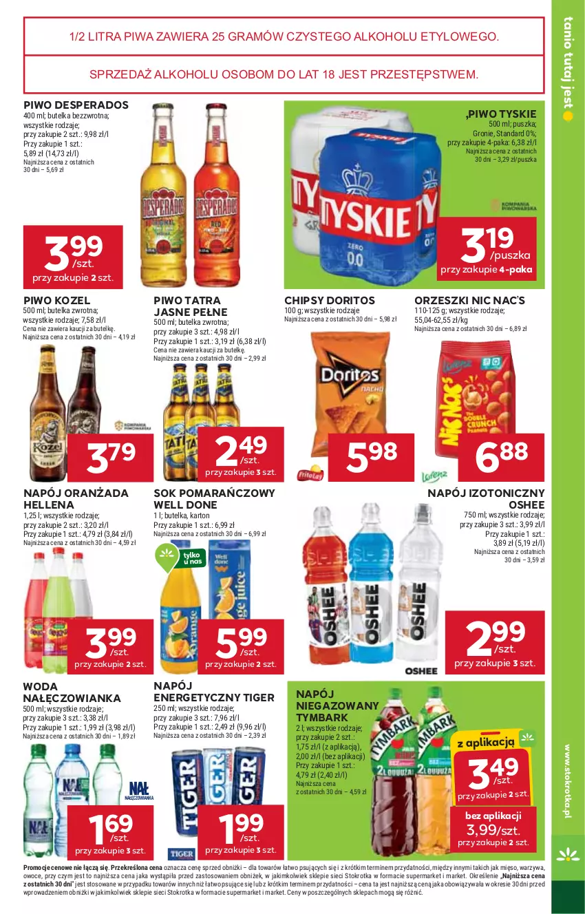 Gazetka promocyjna Stokrotka - Supermarket - ważna 18.09 do 24.09.2025 - strona 33 - produkty: Chipsy, Desperados, Gra, Hellena, Kozel, Mięso, Nałęczowianka, Napój, Napój energetyczny, Napój izotoniczny, Napój niegazowany, Oranżada, Orzeszki, Oshee, Owoce, Piwa, Piwo, Sok, Sok pomarańczowy, Tatra, Tiger, Tymbark, Tyskie, Warzywa, Woda