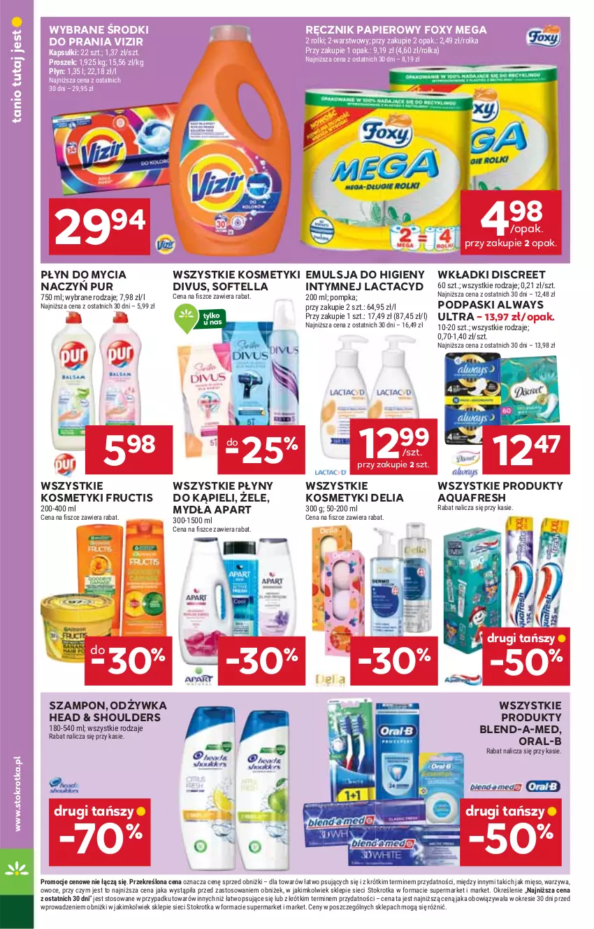 Gazetka promocyjna Stokrotka - Supermarket - ważna 18.09 do 24.09.2025 - strona 36 - produkty: Always, Always Ultra, Aquafresh, Blend-a-Med, Discreet, Do mycia naczyń, Emulsja, Foxy, Fructis, Lactacyd, Mięso, Odżywka, Owoce, Papier, Płyn do mycia, Płyn do mycia naczyń, Podpaski, Pompka, Pur, Ręcznik, Rolki, Szampon, Vizir, Warzywa, Wkładki