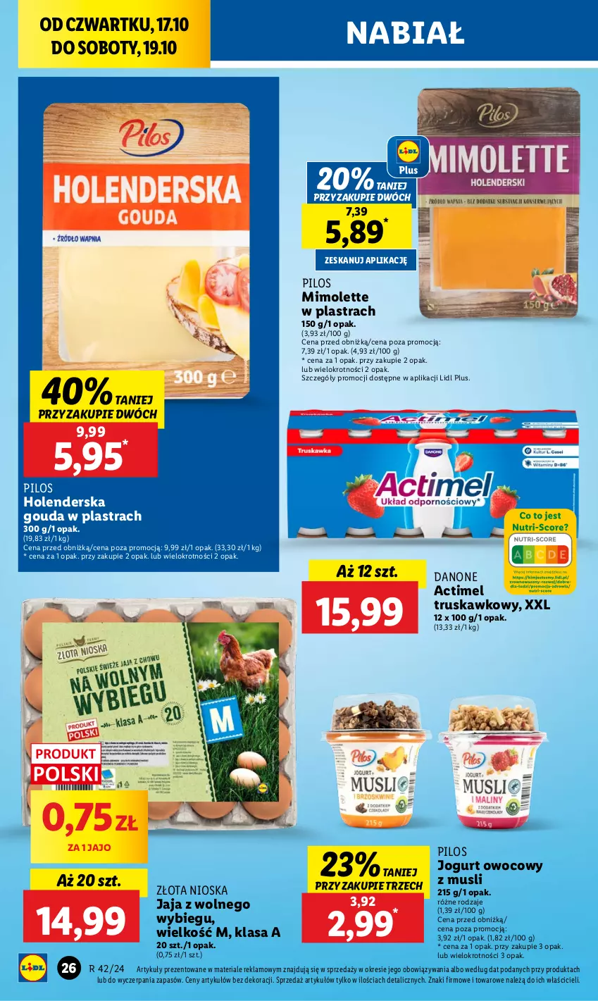 Gazetka promocyjna Lidl - GAZETKA - ważna 17.10 do 19.10.2024 - strona 32 - produkty: Actimel, Danone, Gouda, Jaja, Jaja z wolnego wybiegu, Jogurt, Jogurt owocowy, Mimolette, Mus, Pilos