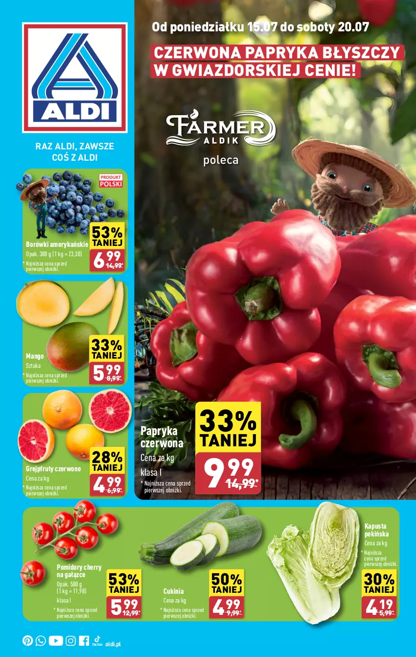 Gazetka promocyjna Aldi - Farmer ALDIK poleca świeże owoce i warzywa - ważna 15.07 do 20.07.2024 - strona 1 - produkty: Grejpfrut, Mango, Papryka, Papryka czerwona, Pomidory