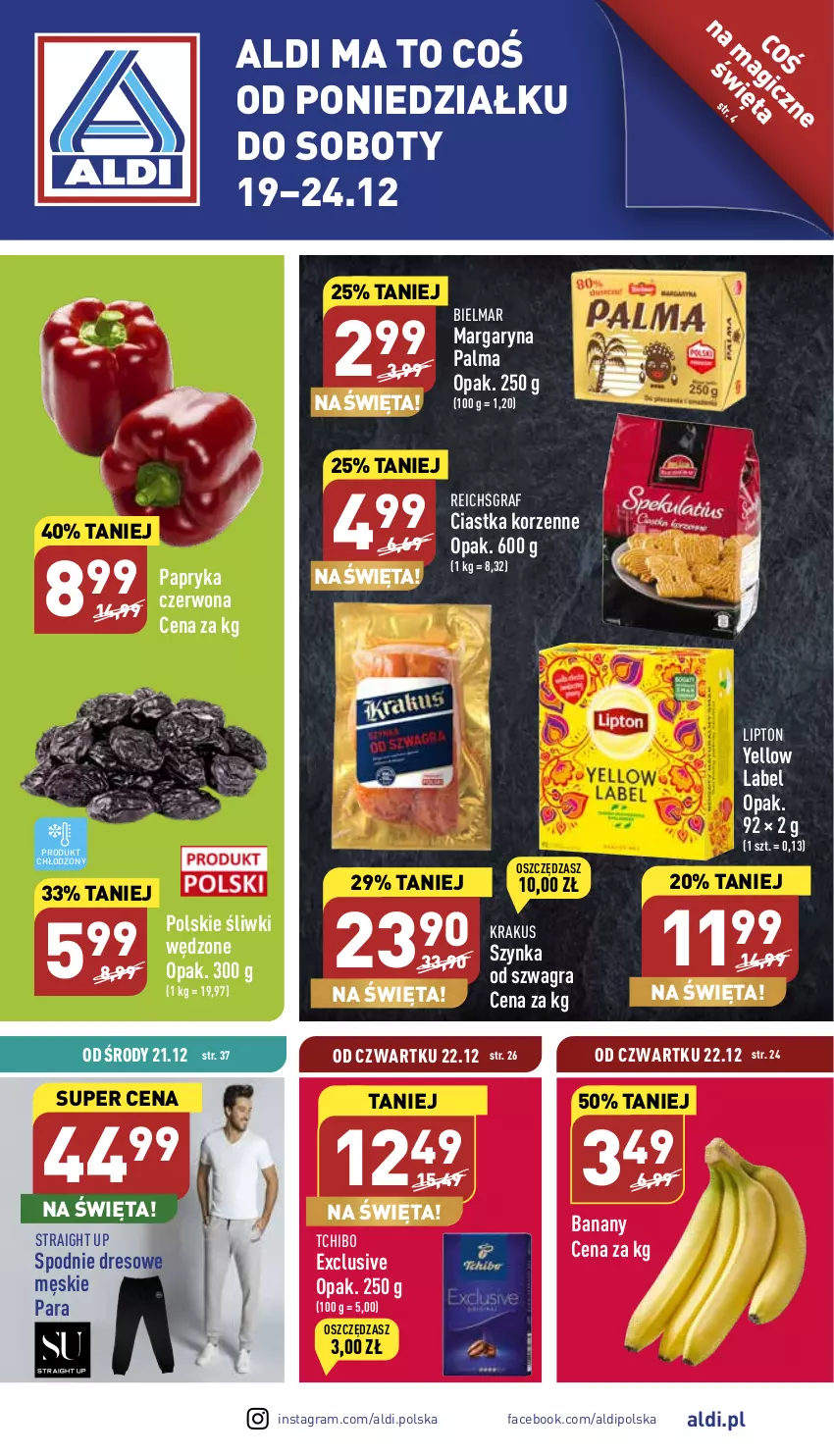 Gazetka promocyjna Aldi - Pełny katalog - ważna 19.12 do 24.12.2022 - strona 1 - produkty: Banany, Ciastka, Dres, Fa, Gra, Krakus, Lipton, Margaryna, Palma, Papryka, Papryka czerwona, Reichsgraf, Spodnie, Spodnie dresowe, Szynka, Tchibo