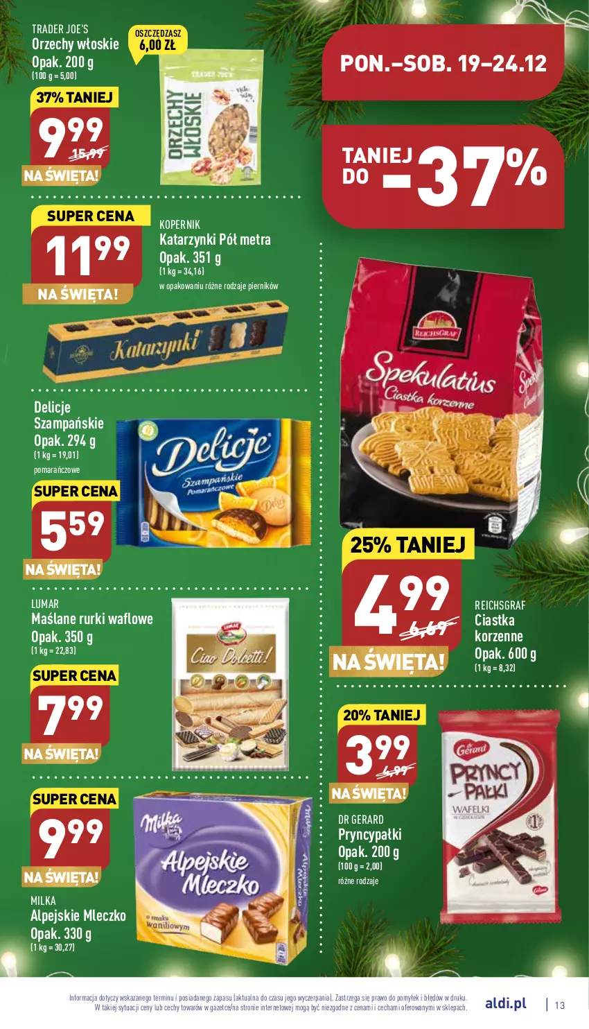 Gazetka promocyjna Aldi - Pełny katalog - ważna 19.12 do 24.12.2022 - strona 13 - produkty: Ciastka, Delicje, Dr Gerard, Gra, Milka, Mleczko, Orzechy włoskie, Piernik, Reichsgraf, Rurki