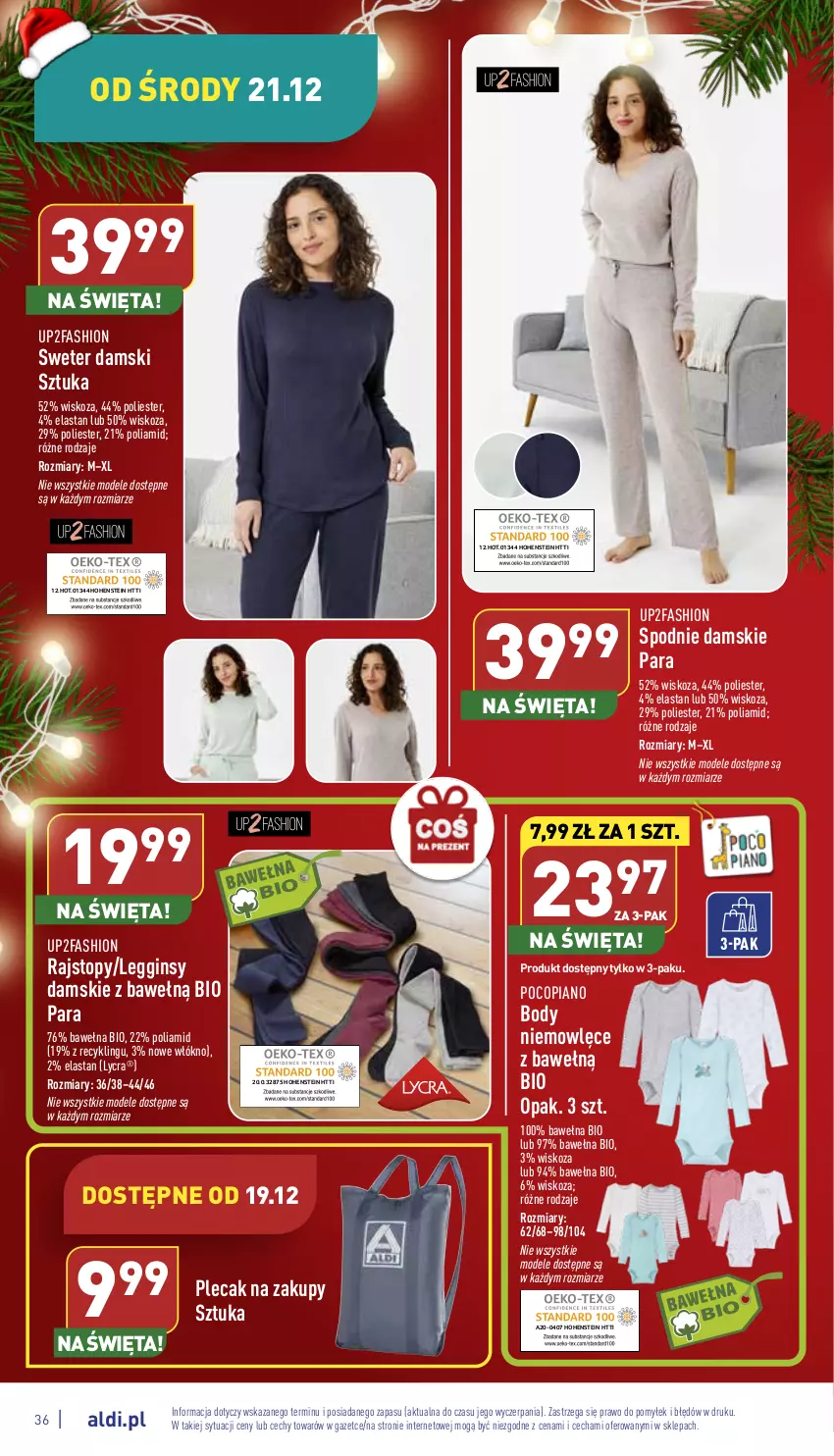 Gazetka promocyjna Aldi - Pełny katalog - ważna 19.12 do 24.12.2022 - strona 36 - produkty: Body, Fa, Gin, Legginsy, Plecak, Pocopiano, Rajstopy, Spodnie, Sweter, Top, Wełna