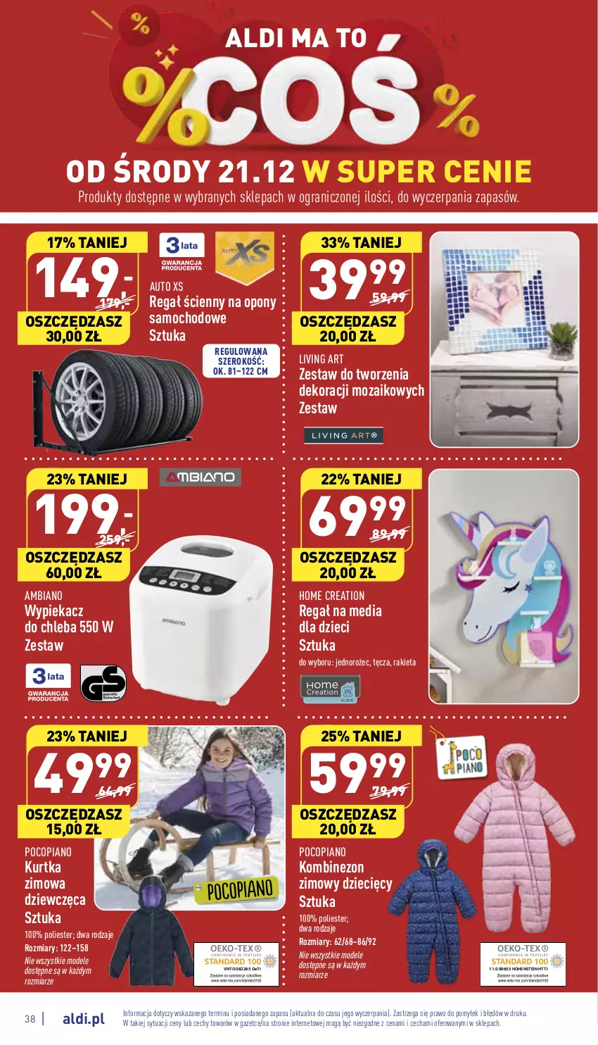 Gazetka promocyjna Aldi - Pełny katalog - ważna 19.12 do 24.12.2022 - strona 38 - produkty: Chleb, Dzieci, Gra, Jednorożec, Kombinezon, Kurtka, Opony, Pocopiano, Rakieta, Regał