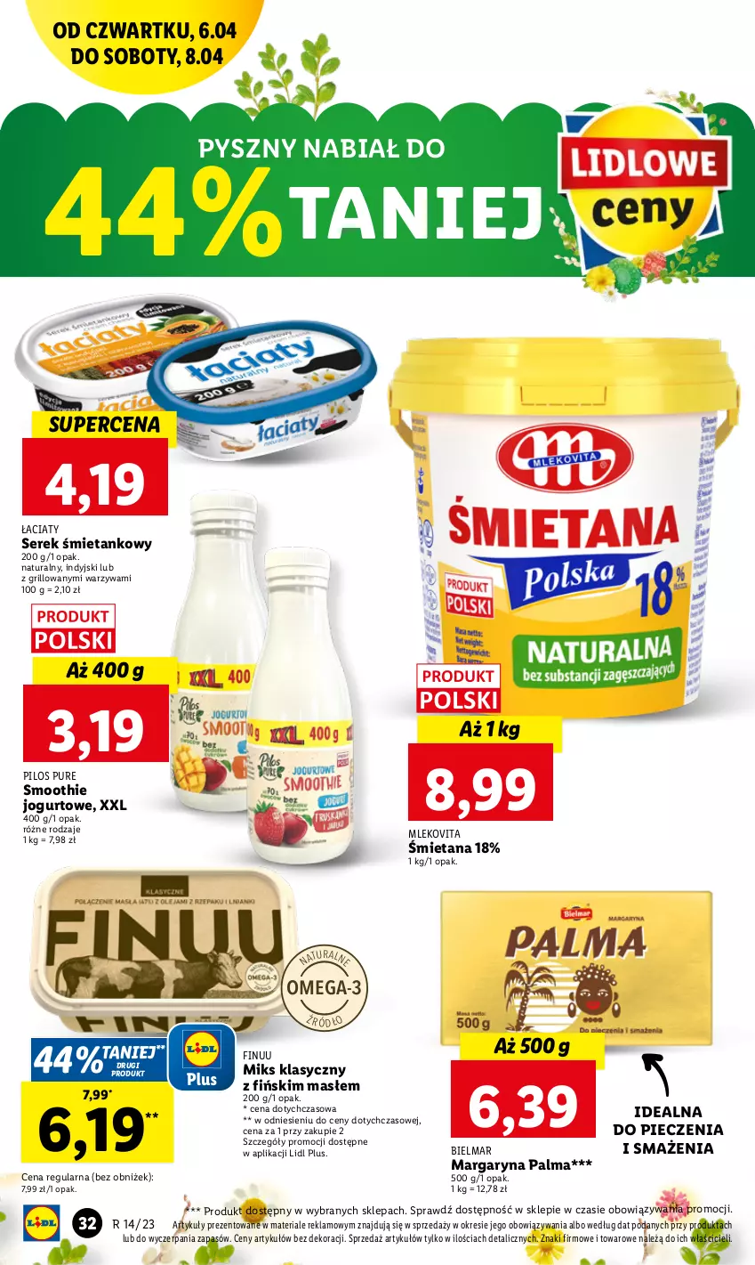 Gazetka promocyjna Lidl - GAZETKA - ważna 06.04 do 08.04.2023 - strona 34 - produkty: Finuu, Grill, Jogurt, Margaryna, Mleko, Mlekovita, Omega-3, Palma, Piec, Pilos, Pur, Ser, Serek, Smoothie, Warzywa