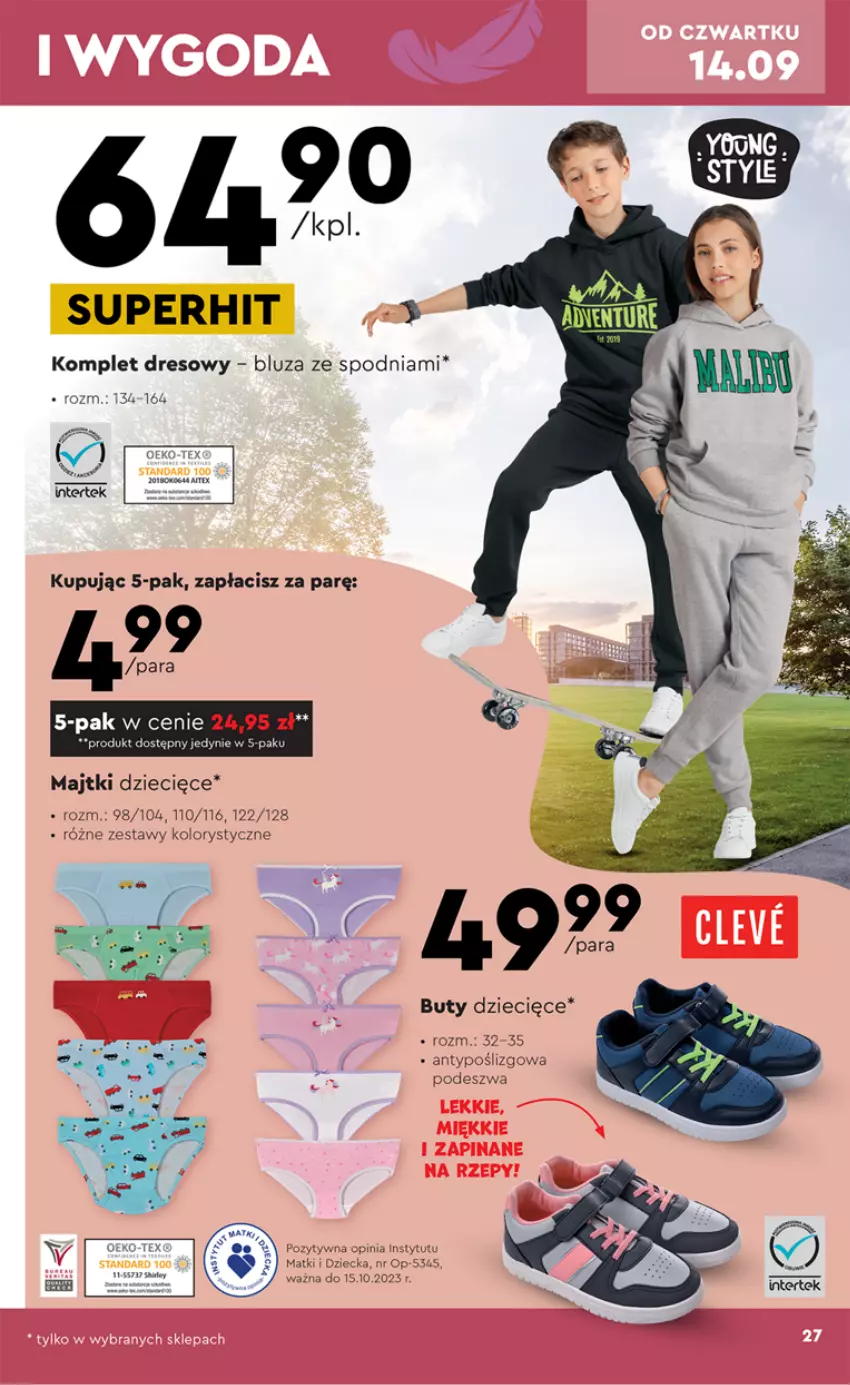 Gazetka promocyjna Biedronka - Okazje tygodnia od 11.09 - ważna 11.09 do 23.09.2023 - strona 27 - produkty: Bluza, Buty, Dres, Dzieci, Majtki