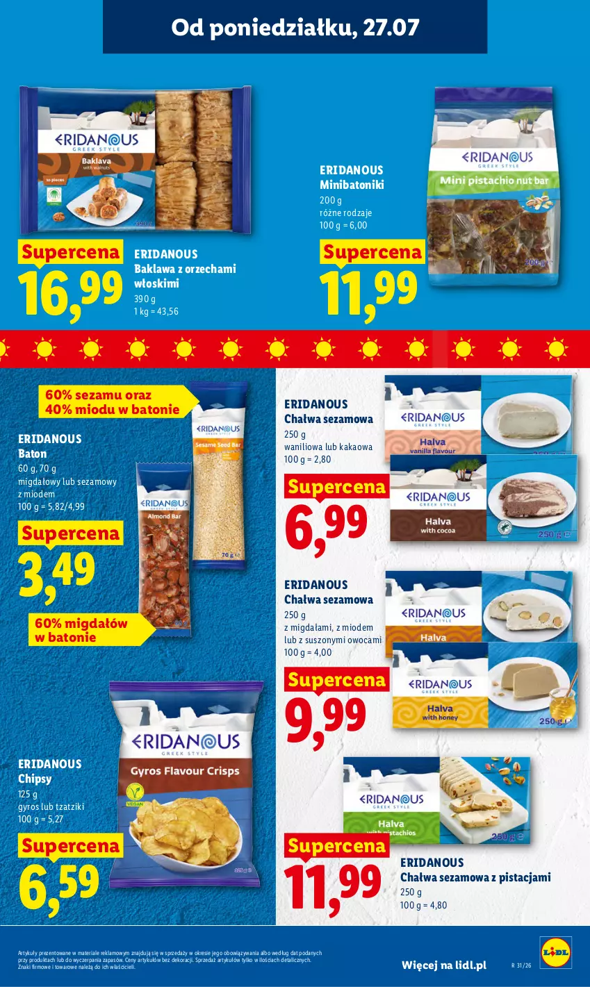 Gazetka promocyjna Lidl - Gazetka ważna od 27.07 do 29.07 - ważna 27.07 do 29.07.2026 - strona 53 - produkty: Baton, Chałwa, Chipsy, Gyros, Kakao, Sezam, Tonik