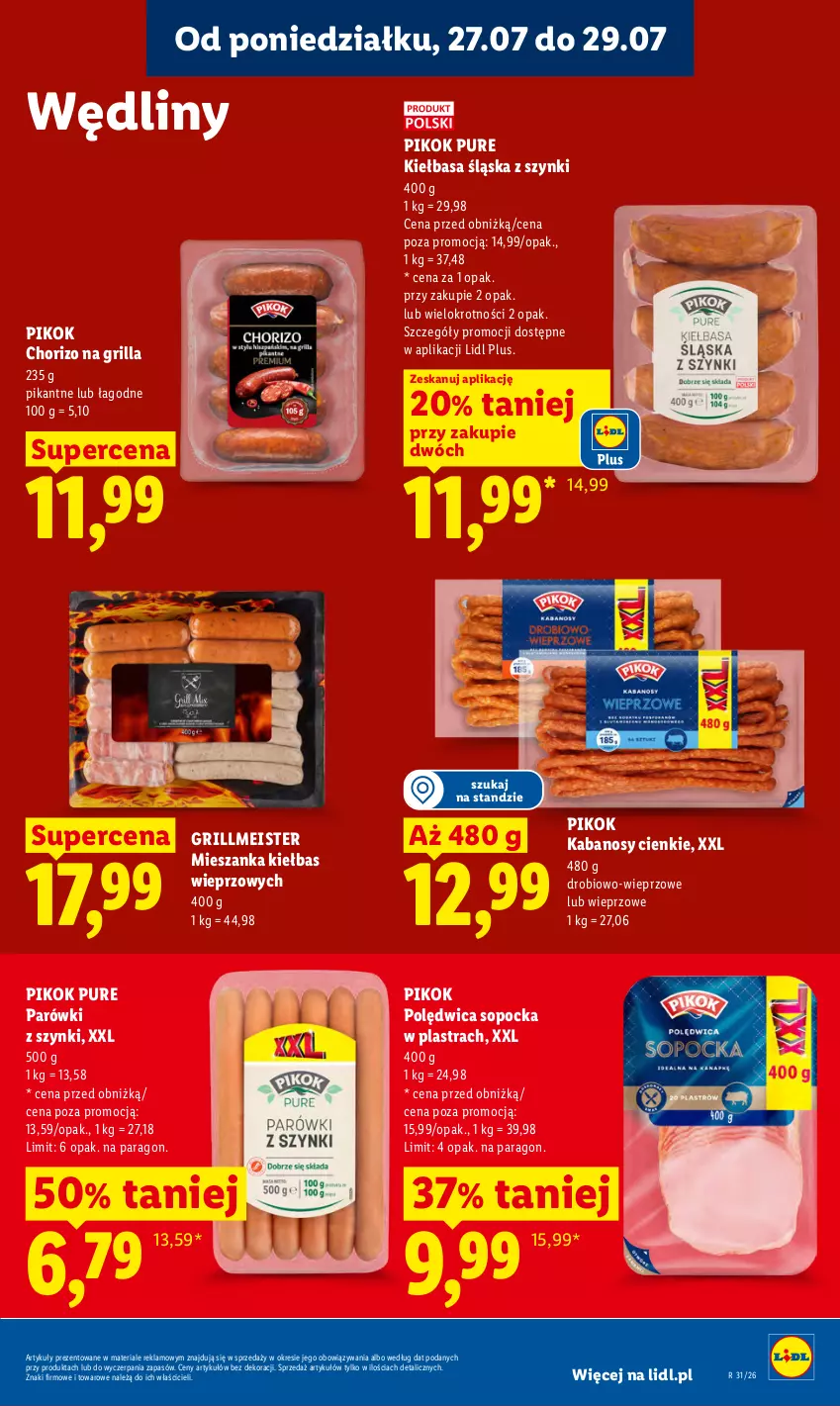 Gazetka promocyjna Lidl - Gazetka ważna od 27.07 do 29.07 - ważna 27.07 do 29.07.2026 - strona 61 - produkty: Grill, Kabanos, Kiełbasa, Kiełbasa śląska, Parówki, Parówki z szynki, PIKOK, Polędwica, Pur
