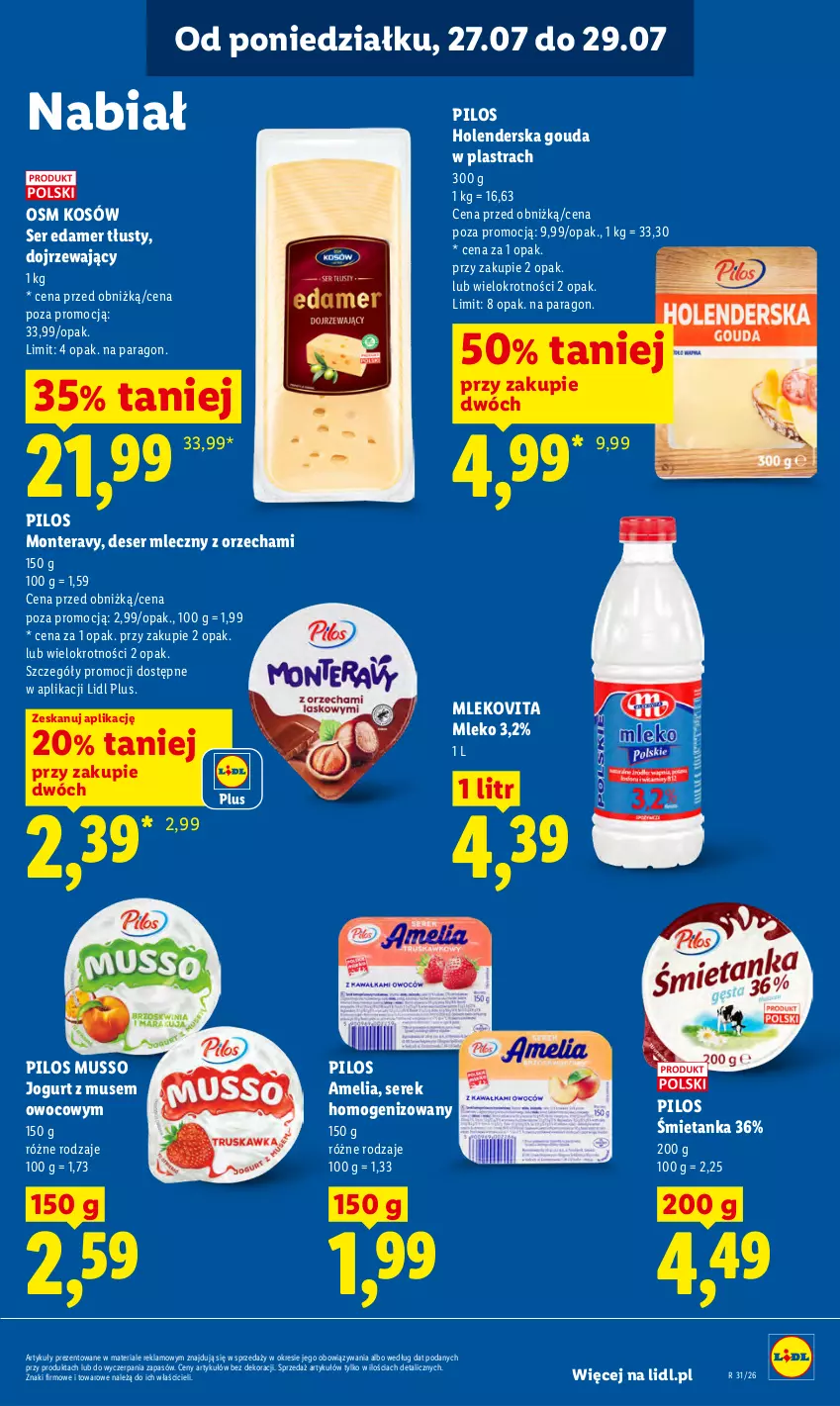 Gazetka promocyjna Lidl - Gazetka ważna od 27.07 do 29.07 - ważna 27.07 do 29.07.2026 - strona 63 - produkty: Deser, Deser mleczny, Edam, Gouda, Jogurt, Laur, Mleko, Mlekovita, Monte, Mus, Pilos, Ser, Serek, Serek homogenizowany, Tera