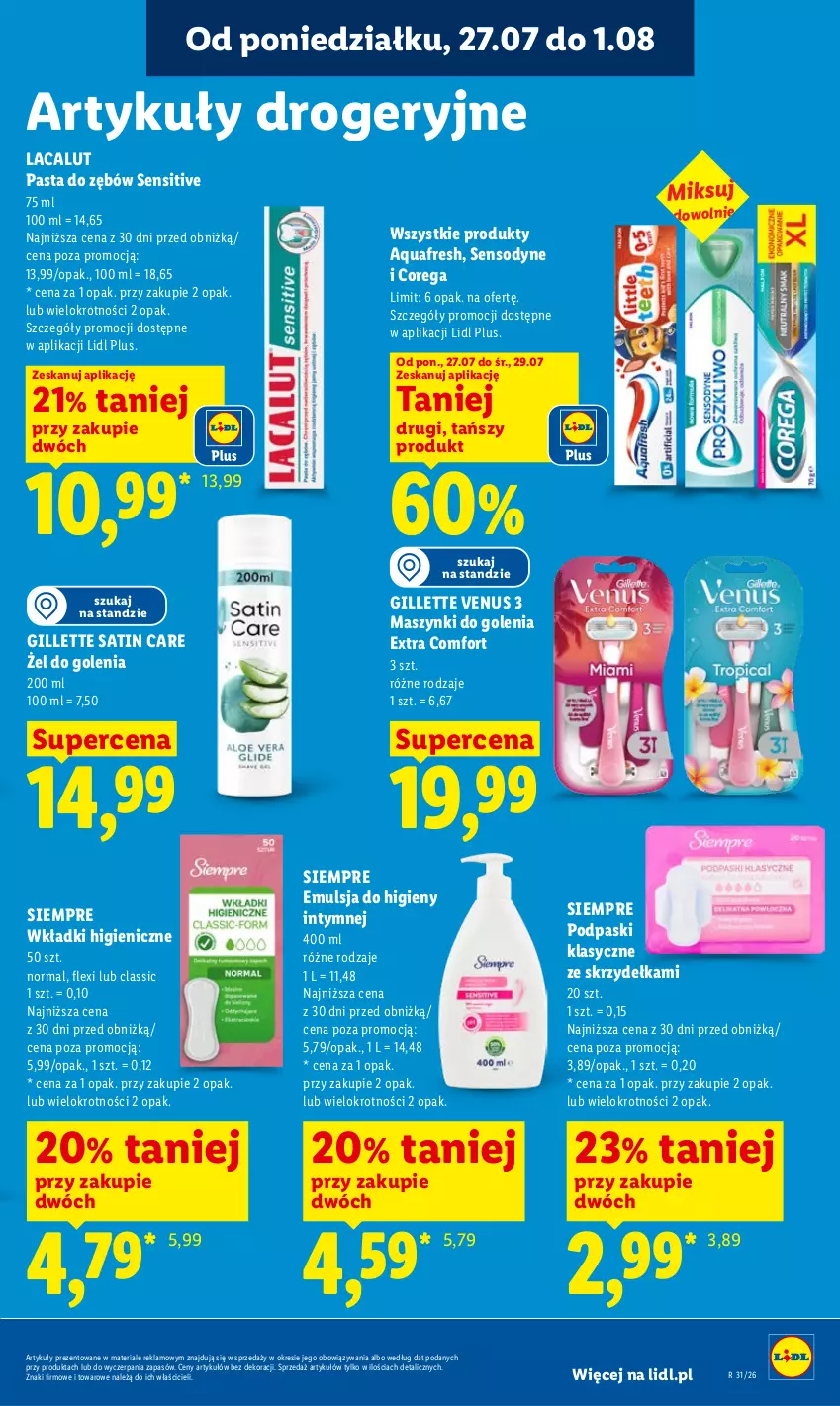 Gazetka promocyjna Lidl - Gazetka ważna od 27.07 do 29.07 - ważna 27.07 do 29.07.2026 - strona 87 - produkty: Aquafresh, Corega, Emulsja, Gillette, Gillette Venus, Lacalut, Pasta do zębów, Podpaski, Sati, Sensodyne, Venus, Wkładki