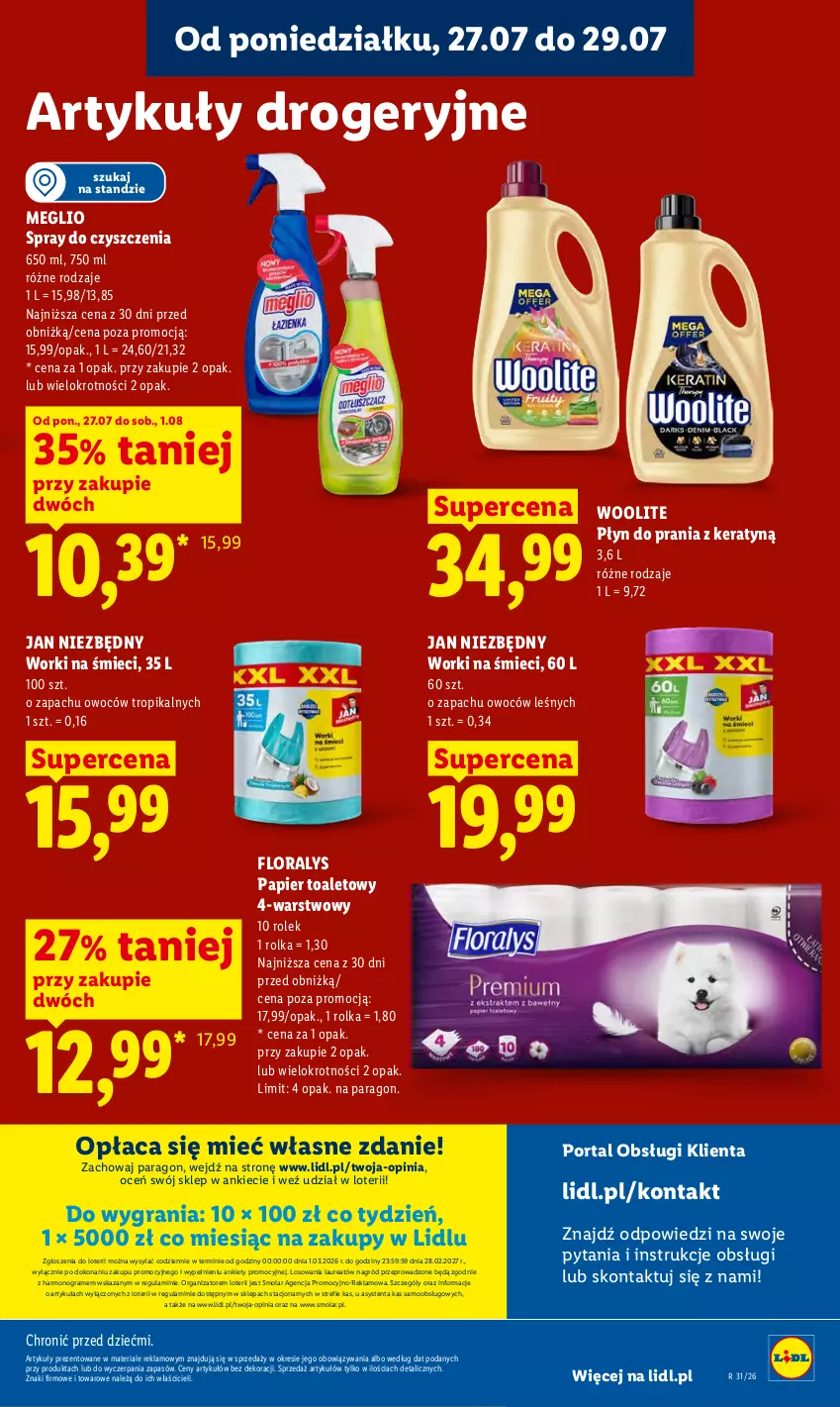 Gazetka promocyjna Lidl - Gazetka ważna od 27.07 do 29.07 - ważna 27.07 do 29.07.2026 - strona 89 - produkty: Flora, Gra, Jan Niezbędny, Laur, Mola, Papier, Papier toaletowy, Płyn do prania, Por, Portal, Spray do czyszczenia, Woolite, Worki na śmiec, Worki na śmieci