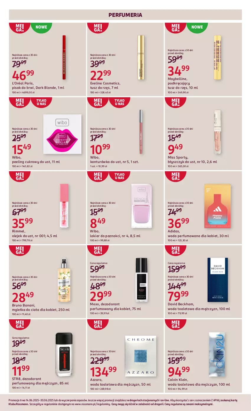 Gazetka promocyjna Rossmann - 14 czerwca - ważna 14.06 do 30.06.2025 - strona 10 - produkty: Adidas, Azzaro, Bell, Błyszczyk do ust, Bruno Banani, Calvin Klein, David Beckham, Dezodorant, Eveline, Konturówka do ust, L’Oréal, Lakier, Lakier do paznokci, Maybelline, Mexx, Miss Sporty, Olej, Peeling, Perfum, Por, Sport, Str8, Tusz, Wibo, Woda, Woda perfumowana, Woda toaletowa