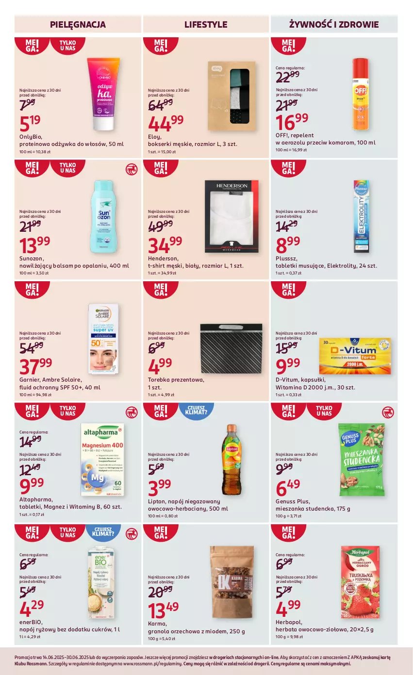 Gazetka promocyjna Rossmann - 14 czerwca - ważna 14.06 do 30.06.2025 - strona 13 - produkty: Bokserki, D-Vitum, Enerbio, Garnier, Genuss Plus, Gra, Granola, Herbapol, Herbata, Lipton, Magnez, Mieszanka studencka, Mus, Napój, Napój niegazowany, Nawilżający balsam, Odżywka, Ryż, Ser, T-shirt, Tablet, Tabletki musujące, Torebka, Zdrowie