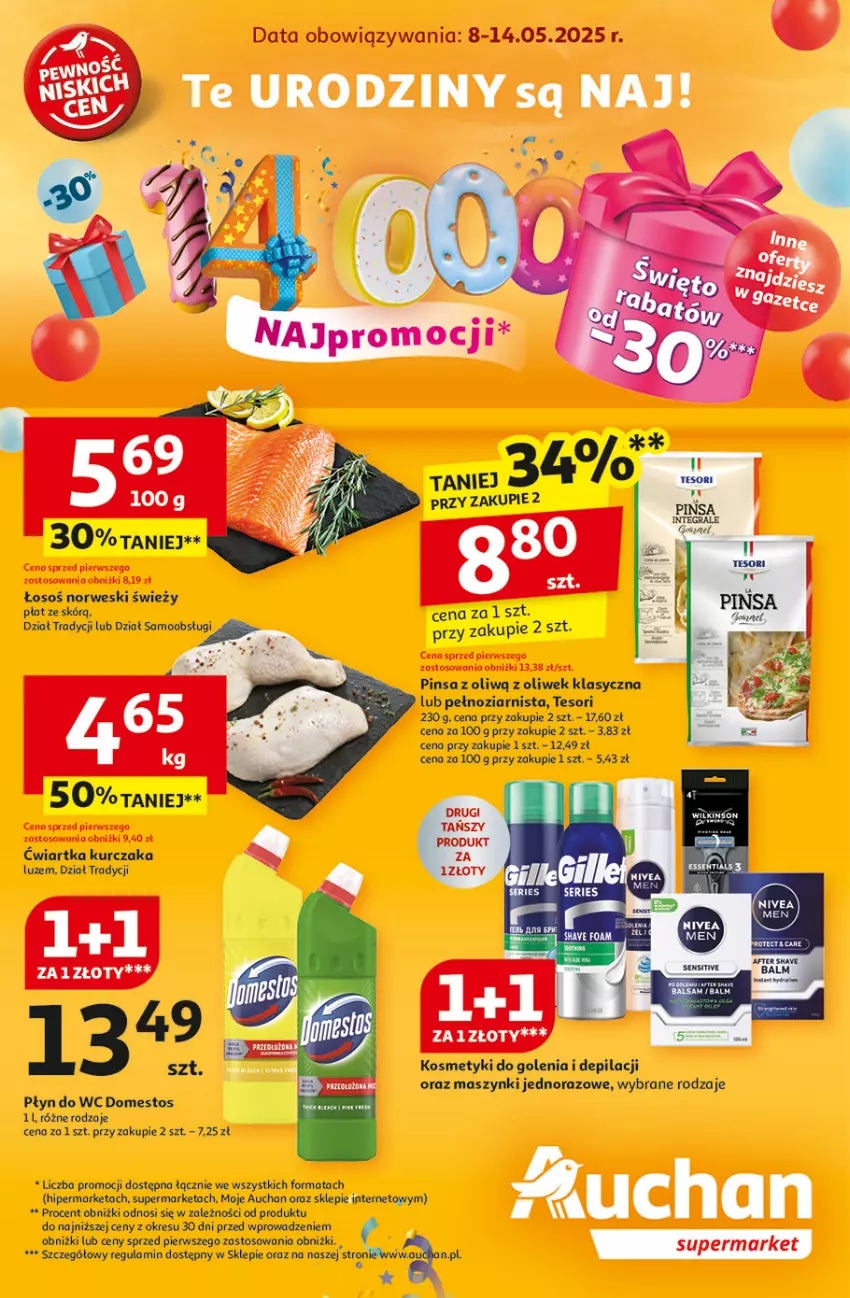Gazetka promocyjna Auchan - Te URODZINY są NAJ Supermarket - ważna 08.05 do 14.05.2025 - strona 1 - produkty: Domestos, Kurczak, Płyn do wc