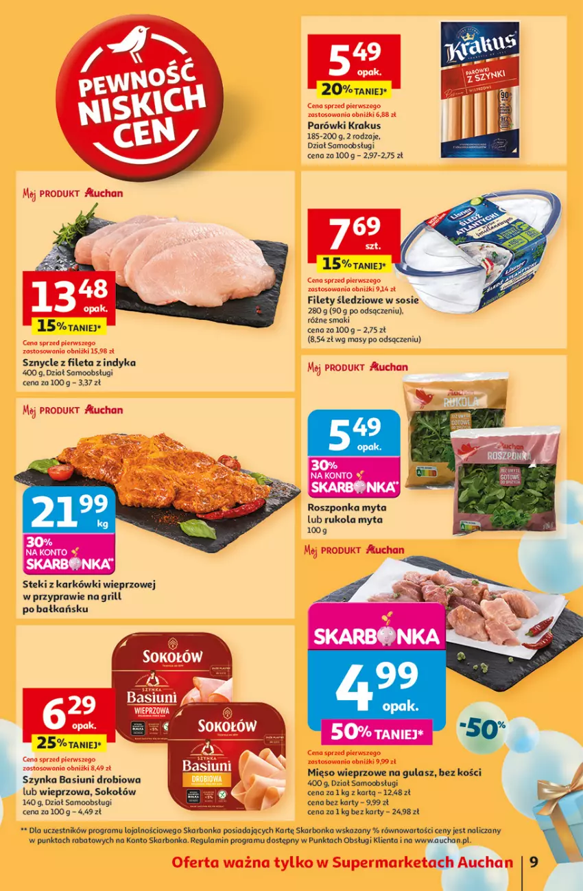 Gazetka promocyjna Auchan - Te URODZINY są NAJ Supermarket - ważna 08.05 do 14.05.2025 - strona 11 - produkty: Gra, Grill, Krakus, Mięso, Mięso wieprzowe, Parówki, Roszponka, Rukola, Sok, Sokołów, Sos, Stek, Szynka