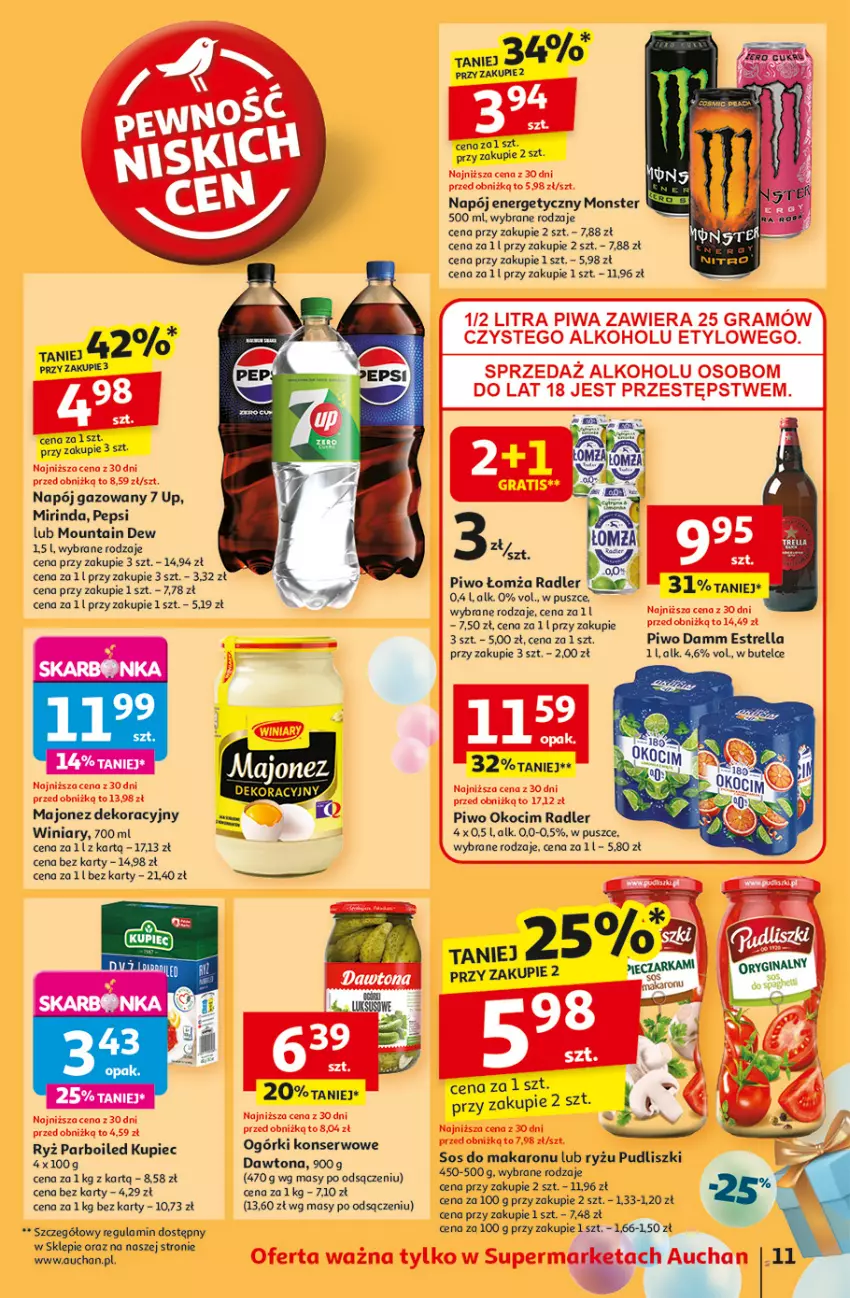 Gazetka promocyjna Auchan - Te URODZINY są NAJ Supermarket - ważna 08.05 do 14.05.2025 - strona 13 - produkty: Dawtona, Koc, Kupiec, Majonez, Makaron, Mirinda, Napój, Napój energetyczny, Napój gazowany, Ogórki konserwowe, Okocim, Pepsi, Piec, Piwo, Pudliszki, Radler, Ryż, Ryż parboiled, Ser, Sos, Sos do makaronu, Winiary