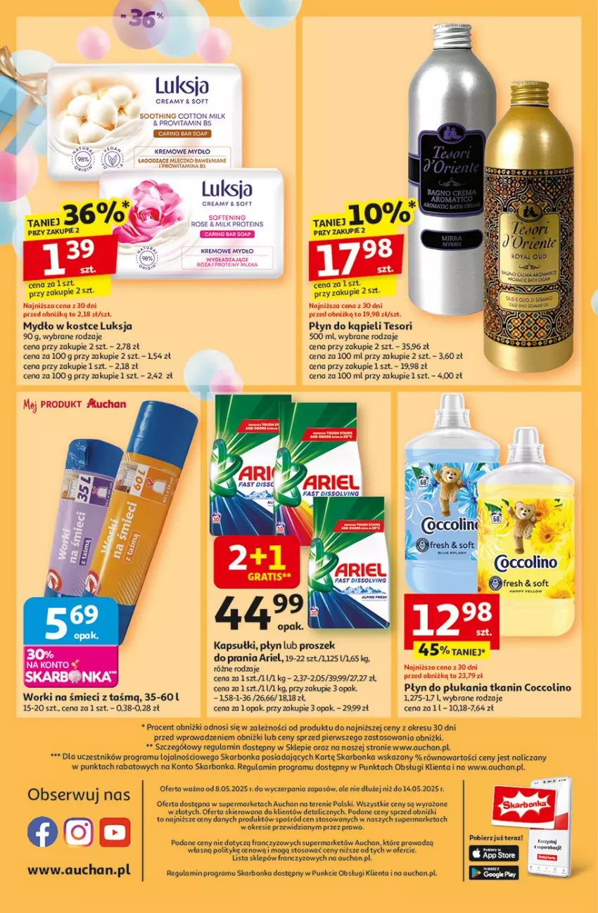 Gazetka promocyjna Auchan - Te URODZINY są NAJ Supermarket - ważna 08.05 do 14.05.2025 - strona 14 - produkty: Ariel, Fa, Gra, Luksja, Mydło, Płyn do kąpieli, Płyn do płukania, Ser, Tera, Worki na śmiec, Worki na śmieci