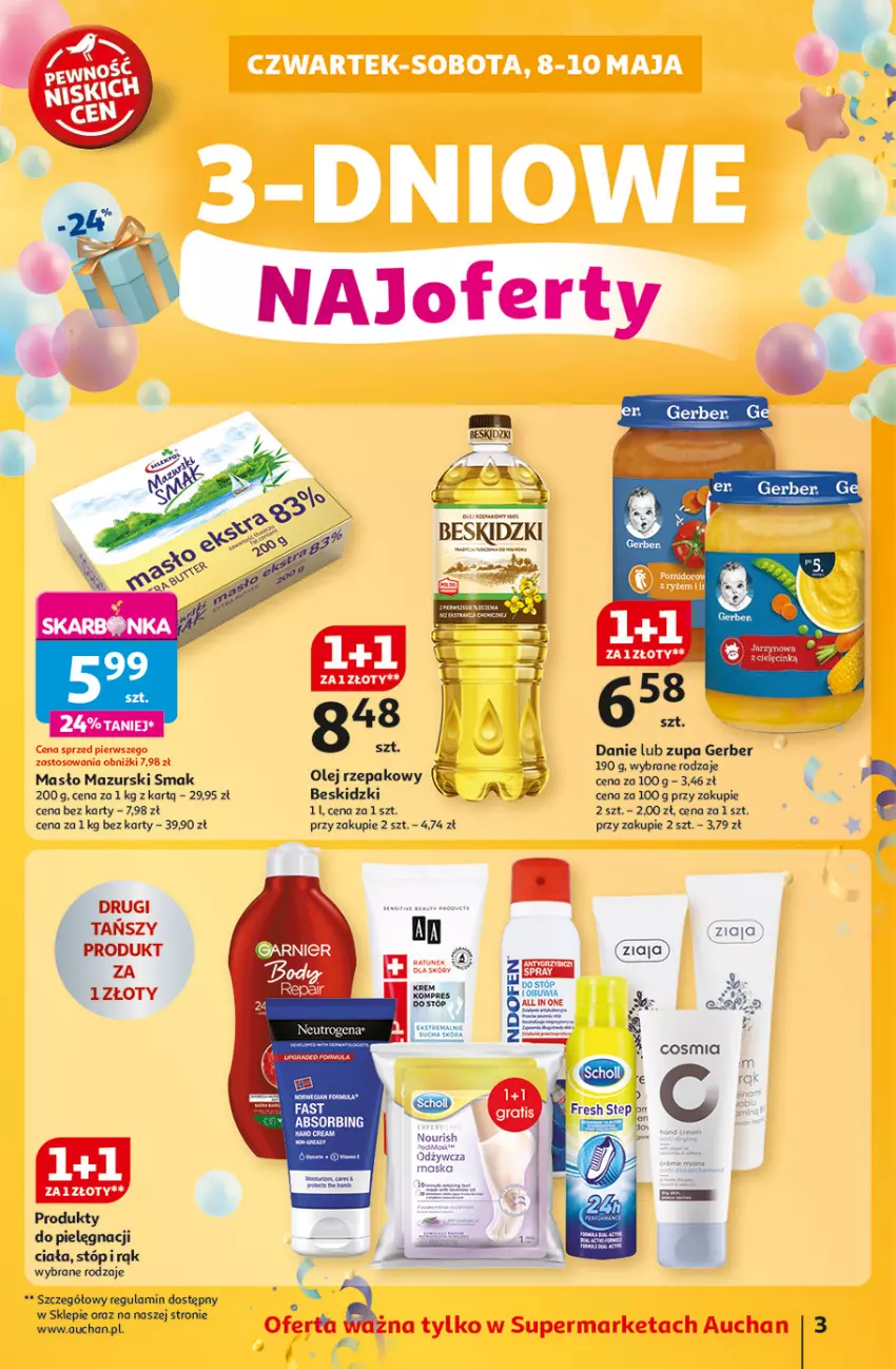 Gazetka promocyjna Auchan - Te URODZINY są NAJ Supermarket - ważna 08.05 do 14.05.2025 - strona 3 - produkty: Beskidzki, Gerber, Masło, Neutrogena, Olej, Olej rzepakowy, Zupa