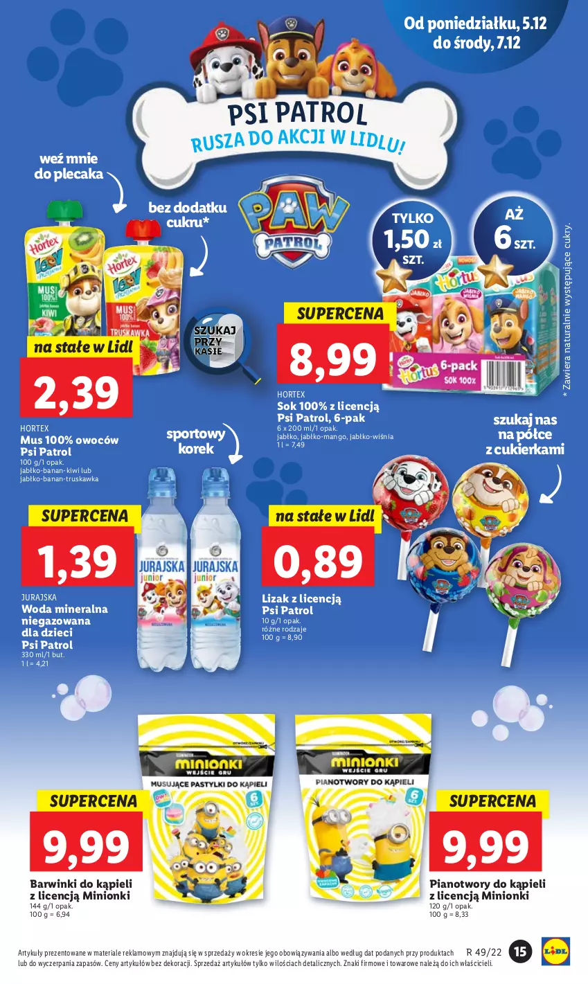 Gazetka promocyjna Lidl - GAZETKA - ważna 05.12 do 07.12.2022 - strona 15 - produkty: Cukier, Dzieci, Hortex, Kiwi, Mango, Mus, Plecak, Por, Psi Patrol, Sok, Sport, Woda, Woda mineralna