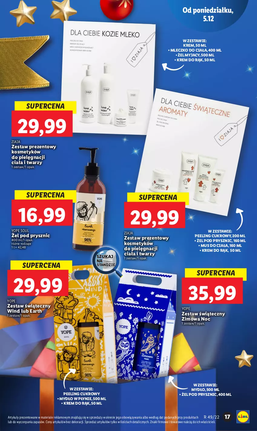 Gazetka promocyjna Lidl - GAZETKA - ważna 05.12 do 07.12.2022 - strona 17 - produkty: Krem do rąk, Mleczko, Mleczko do ciała, Mus, Mydło, Mydło w płynie, Peeling, Yope, Zestaw prezentowy, Ziaja