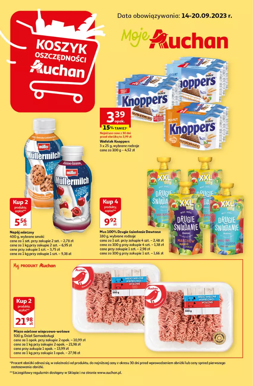 Gazetka promocyjna Auchan - Gazetka Koszyk Oszczędności Moje Auchan - ważna 14.09 do 20.09.2023 - strona 1 - produkty: Dawtona, Knoppers, Mięso, Mięso mielone, Mus, Napój, Napój mleczny, Wafelek