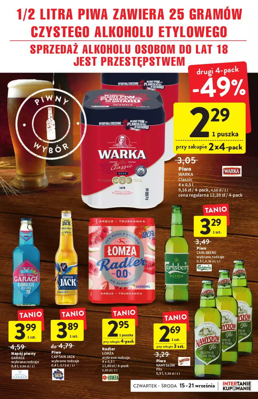 Gazetka promocyjna Intermarche - Gazetka Intermarche - ważna 15.09 do 21.09.2022 - strona 29 - produkty: Captain Jack, Carlsberg, Gra, Namysłów, Napój, Piwa, Piwo, Radler, Warka