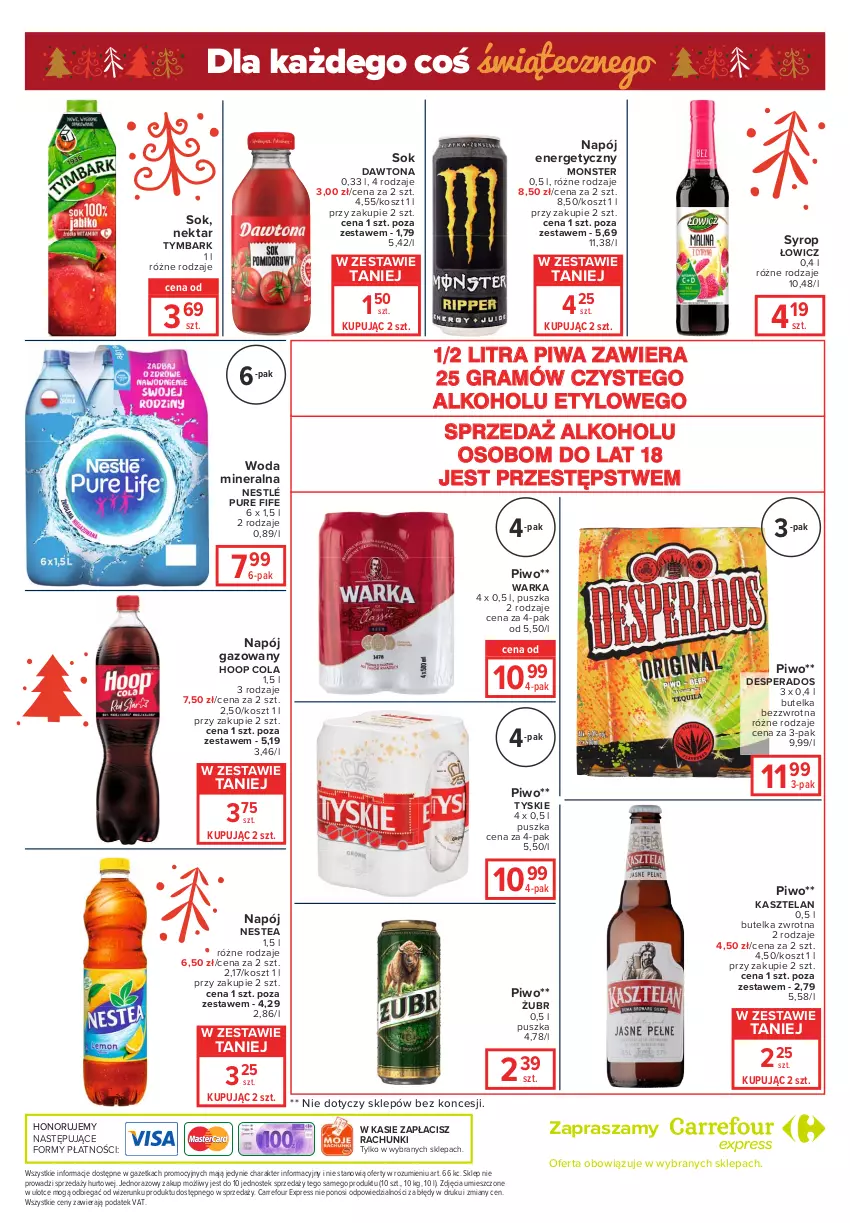 Gazetka promocyjna Carrefour - Gazetka Express - ważna 07.12 do 13.12.2021 - strona 6 - produkty: Dawtona, Desperados, Gra, Hoop, Kasztelan, Kosz, Napój, Napój energetyczny, Napój gazowany, Nektar, Nestea, Nestlé, Piwa, Piwo, Pur, Sok, Stek, Syrop, Tymbark, Tyskie, Warka, Woda, Woda mineralna