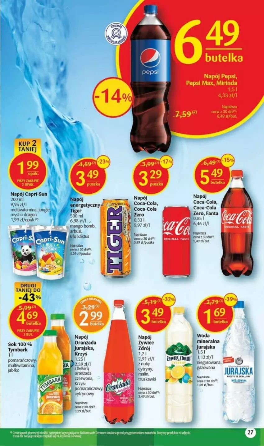 Gazetka promocyjna Delikatesy Centrum - ważna 17.08 do 23.08.2023 - strona 20 - produkty: Arbuz, Coca-Cola, Cytryny, Fa, Fanta, Kaktus, Mango, Mirinda, Napój, Oranżada, Pepsi, Pepsi max, Sok, Tiger, Truskawki, Tymbark, Woda