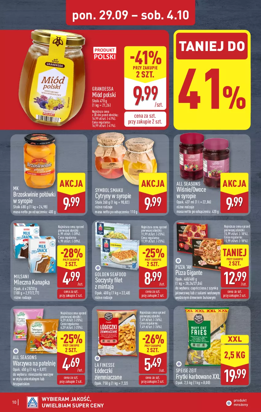 Gazetka promocyjna Aldi - Pełna oferta - ważna 29.09 do 04.10.2025 - strona 10 - produkty: All Seasons, Brzoskwinie, Cytryny, Filet z mintaja, Frytki, Golden Seafood, Gra, Mieszanka warzyw, Mintaj, Miód, Mleczna kanapka, Owoce, Pizza, Salami, Syrop, Warzywa