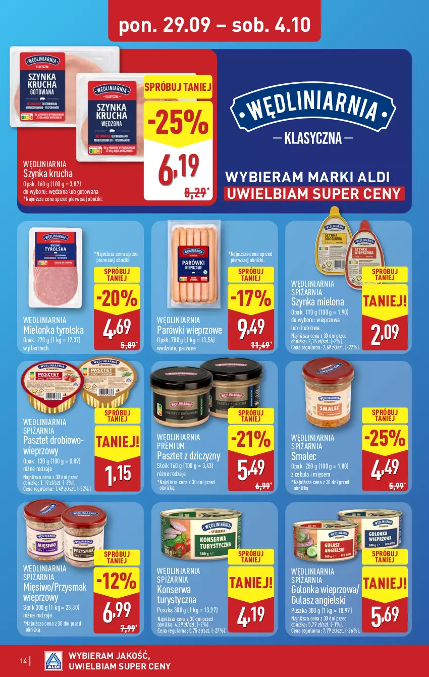 Gazetka promocyjna Aldi - Pełna oferta - ważna 29.09 do 04.10.2025 - strona 14 - produkty: Golonka wieprzowa, Konserwa turystyczna, Mielonka tyrolska, Parówki, Pasztet, Ser, Smalec, Szynka