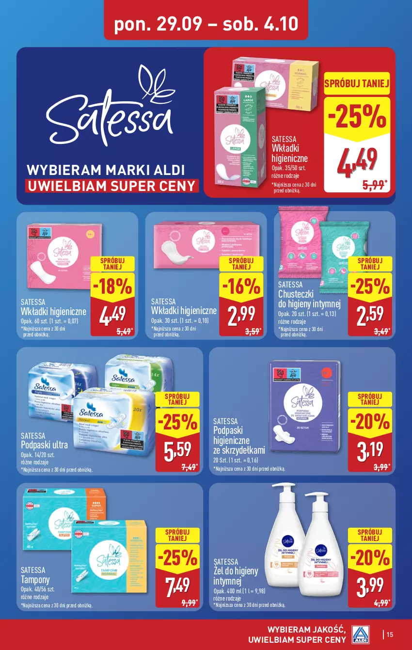 Gazetka promocyjna Aldi - Pełna oferta - ważna 29.09 do 04.10.2025 - strona 15 - produkty: Chusteczki, Chusteczki do higieny, Podpaski, Tampony, Wkładki