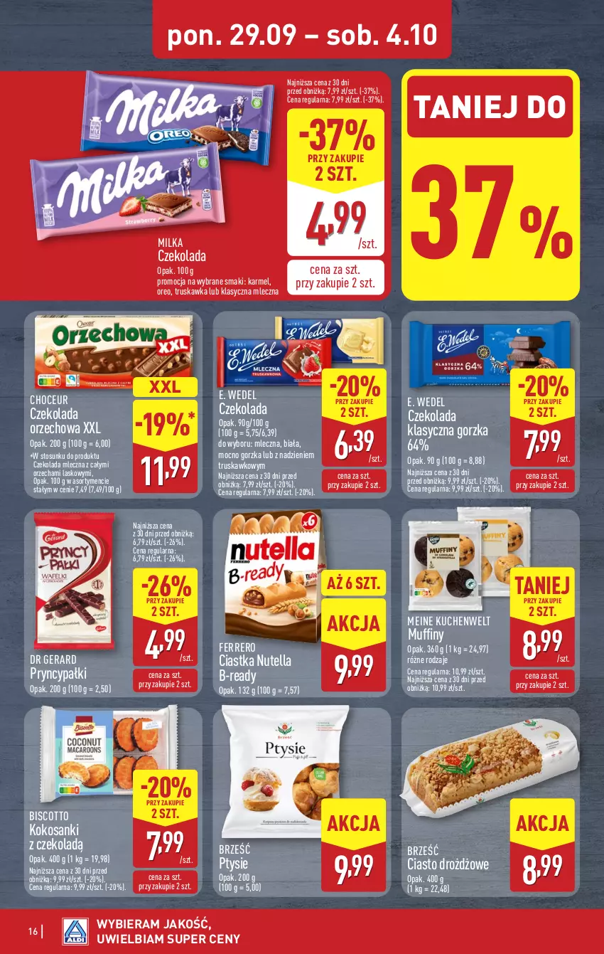 Gazetka promocyjna Aldi - Pełna oferta - ważna 29.09 do 04.10.2025 - strona 16 - produkty: Ciastka, Czekolada, Czekolada mleczna, Czekolada orzechowa, Dr Gerard, E. Wedel, Ferrero, Kokos, Milka, Muffiny, Nutella, Oreo, Sanki