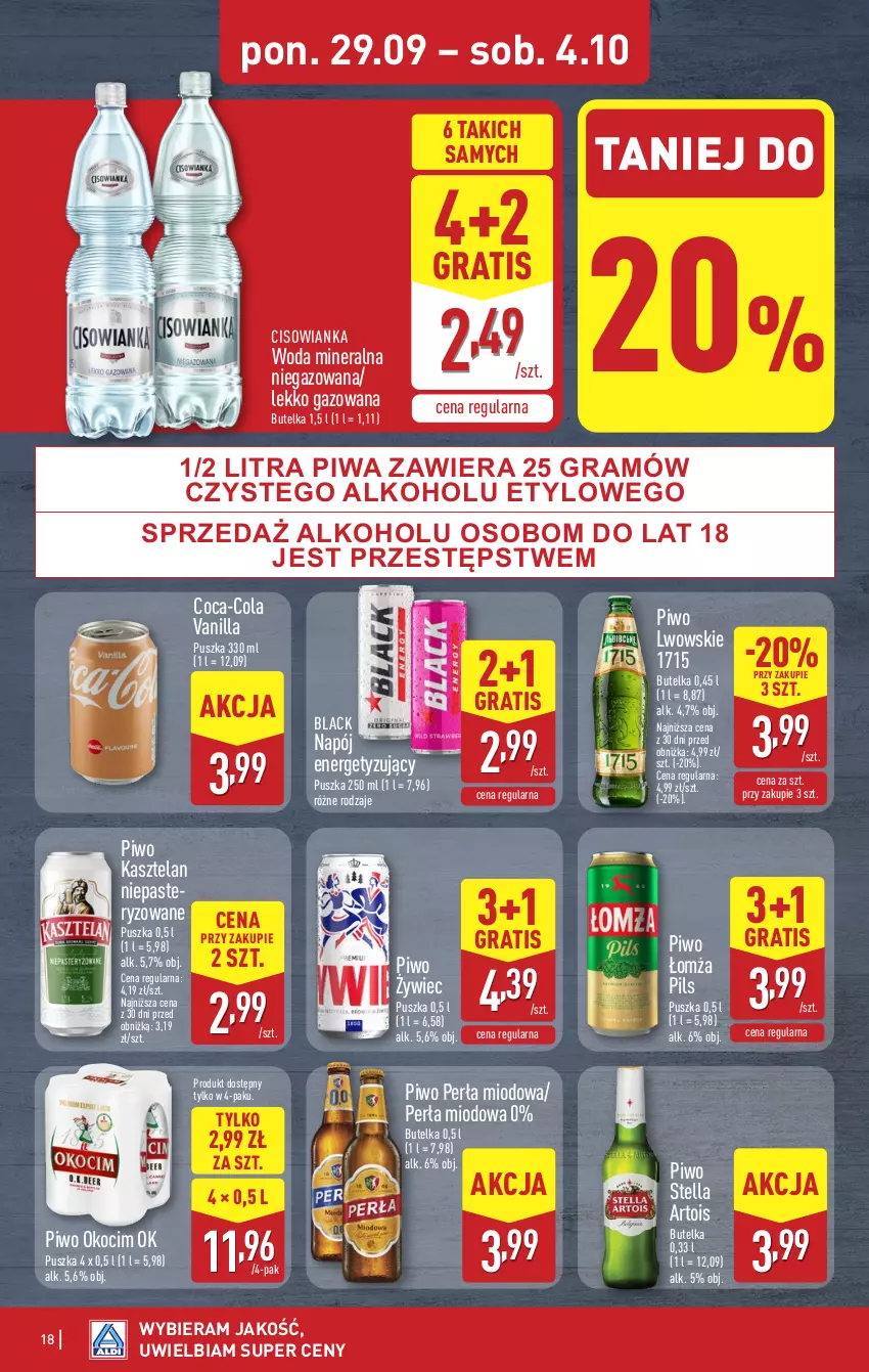 Gazetka promocyjna Aldi - Pełna oferta - ważna 29.09 do 04.10.2025 - strona 18 - produkty: Cisowianka, Coca-Cola, Gra, Kasztelan, Koc, Lack, Napój, Okocim, Perła, Piwa, Piwo, Woda, Woda mineralna