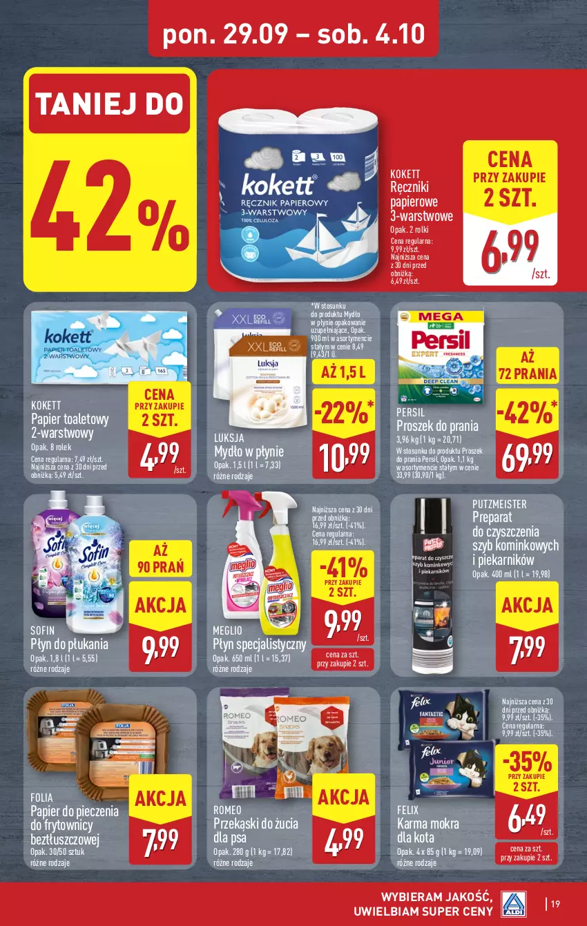 Gazetka promocyjna Aldi - Pełna oferta - ważna 29.09 do 04.10.2025 - strona 19 - produkty: Felix, Luksja, Mydło, Mydło w płynie, Papier, Papier do pieczenia, Papier toaletowy, Persil, Piec, Piekarnik, Płyn do płukania, Preparat do czyszczenia, Proszek do prania, Putzmeister, Ręcznik, Ręczniki papierowe, Rolki