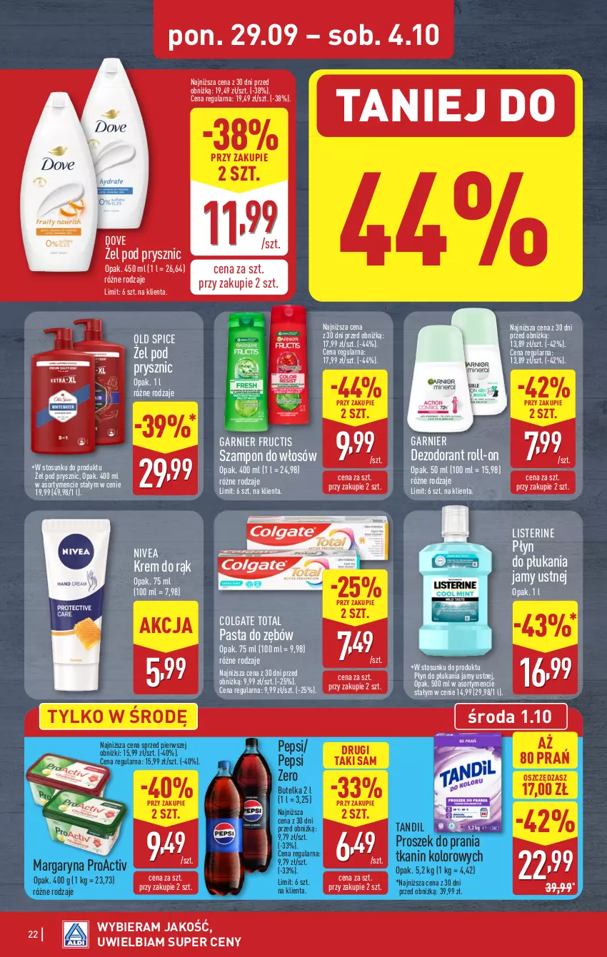 Gazetka promocyjna Aldi - Pełna oferta - ważna 29.09 do 04.10.2025 - strona 22 - produkty: Colgate, Colgate Total, Dezodorant, Dove, Fructis, Garnier, Krem do rąk, LG, Listerine, Margaryna, Nivea, Old Spice, Pasta do zębów, Pepsi, Płyn do płukania, Płyn do płukania jamy ustnej, Proszek do prania, Szampon