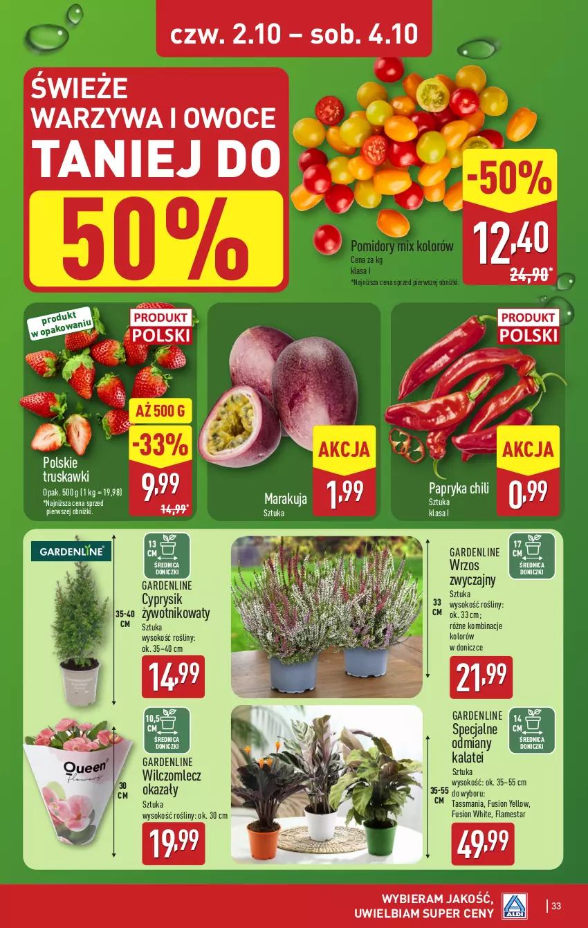 Gazetka promocyjna Aldi - Pełna oferta - ważna 29.09 do 04.10.2025 - strona 33 - produkty: Cyprysik, Fusion, Owoce, Papryka, Pomidory, Sok, Truskawki, Warzywa, Warzywa i owoce