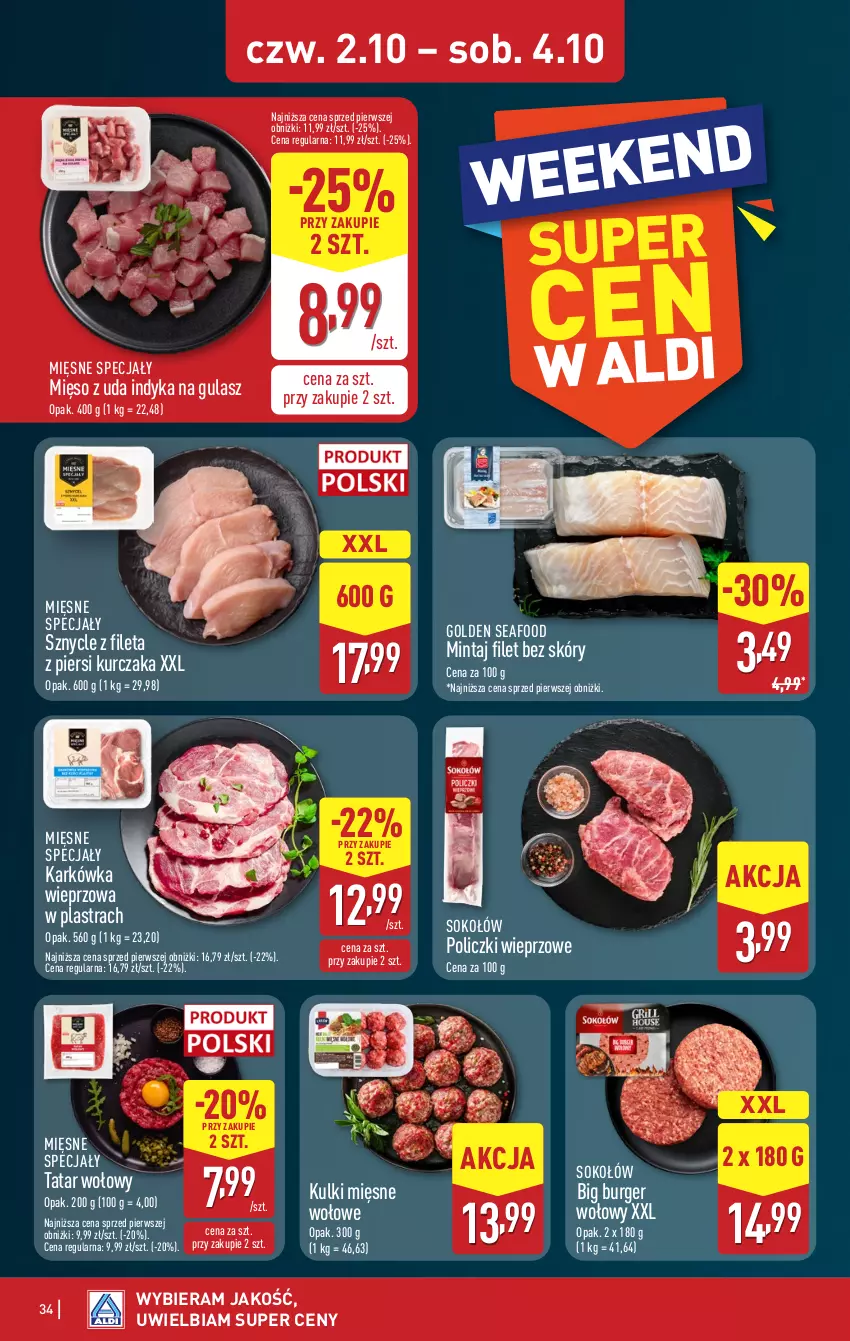 Gazetka promocyjna Aldi - Pełna oferta - ważna 29.09 do 04.10.2025 - strona 34 - produkty: Burger, Golden Seafood, Karkówka wieprzowa, Kurczak, Mięsne specjały, Mięso, Mintaj, Sok, Sokołów, Tatar wołowy