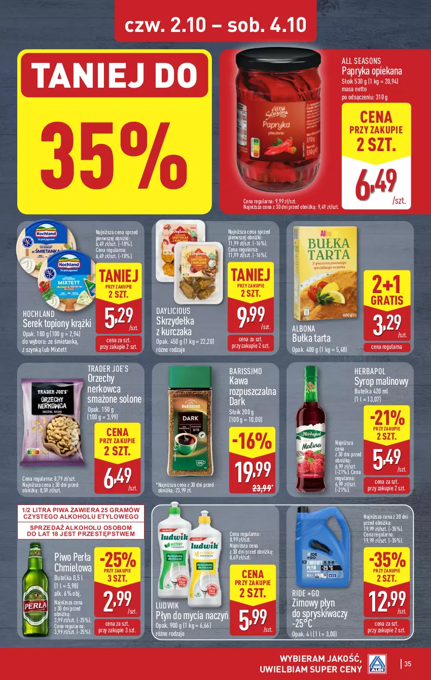 Gazetka promocyjna Aldi - Pełna oferta - ważna 29.09 do 04.10.2025 - strona 35 - produkty: Albona, All Seasons, Bułka, Bułka tarta, Do mycia naczyń, Gra, Herbapol, Hochland, Kawa, Kawa rozpuszczalna, Kurczak, Ludwik, Papryka, Perła, Piwa, Piwo, Płyn do mycia, Płyn do mycia naczyń, Płyn do spryskiwaczy, Ser, Serek, Skrzydełka z kurczaka, Syrop, Tarta, Top