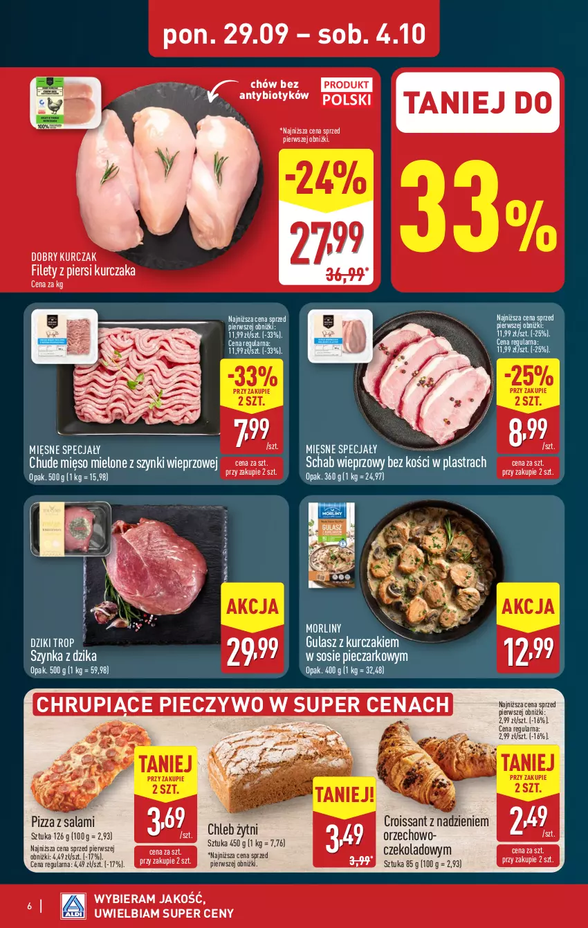 Gazetka promocyjna Aldi - Pełna oferta - ważna 29.09 do 04.10.2025 - strona 6 - produkty: Chleb, Croissant, Kurczak, Mięsne specjały, Mięso, Mięso mielone, Mięso mielone z szynki, Morliny, Piec, Pieczywo, Pizza, Salami, Schab wieprzowy, Sos, Szynka