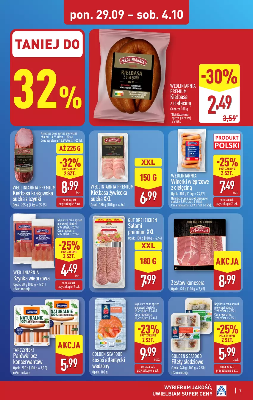 Gazetka promocyjna Aldi - Pełna oferta - ważna 29.09 do 04.10.2025 - strona 7 - produkty: Golden Seafood, Kiełbasa, Kiełbasa krakowska, Parówki, Salami, Ser, Szynka, Szynka wieprzowa, Tarczyński