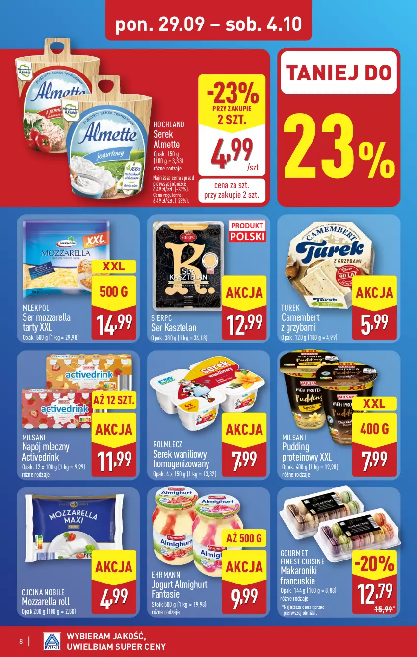 Gazetka promocyjna Aldi - Pełna oferta - ważna 29.09 do 04.10.2025 - strona 8 - produkty: Almette, Camembert, Fa, Fanta, Hochland, Jogurt, Kasztelan, Makaron, Mozzarella, Napój, Napój mleczny, Pudding, Rolmlecz, Ser, Ser Kasztelan, Serek