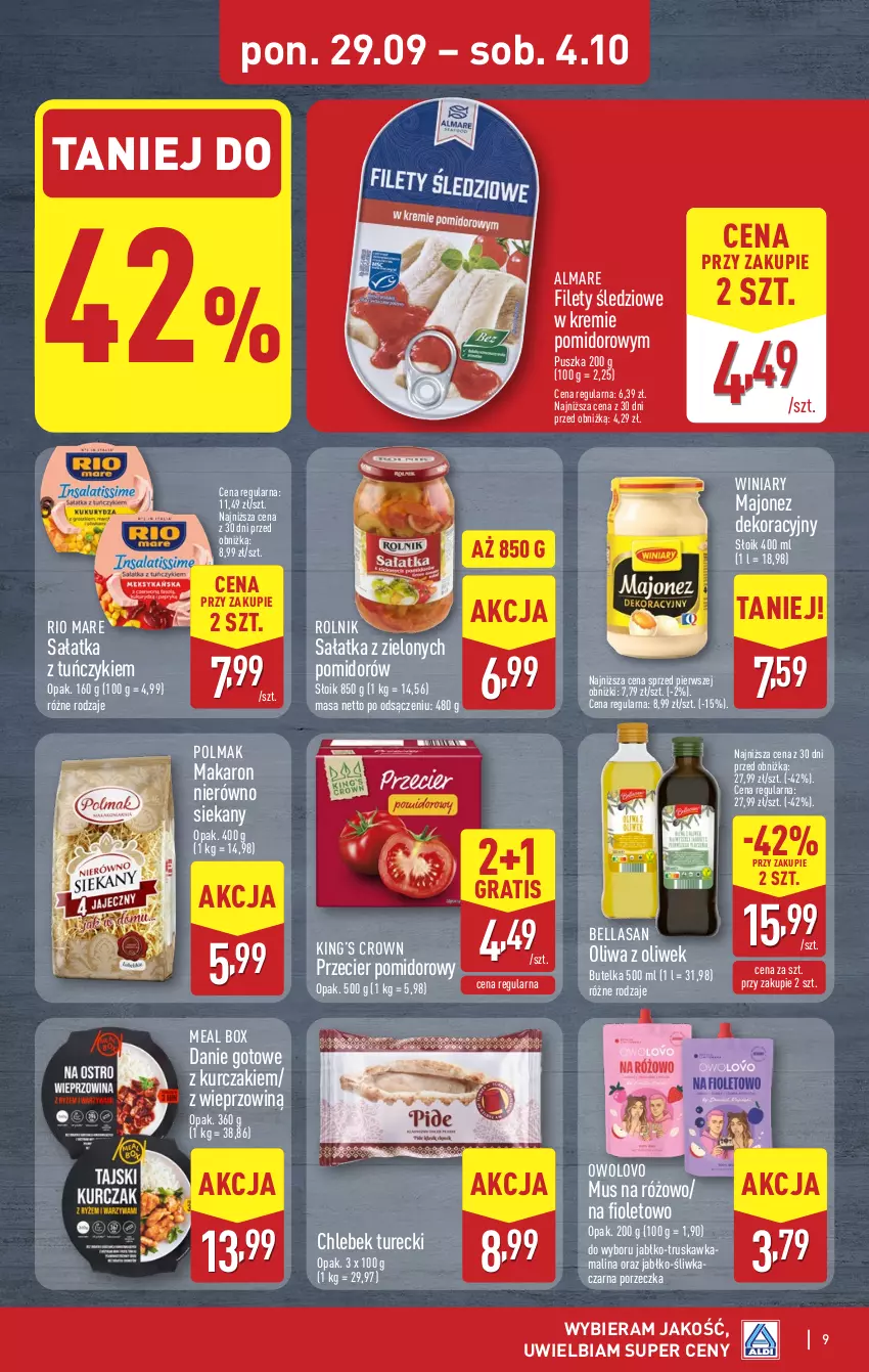 Gazetka promocyjna Aldi - Pełna oferta - ważna 29.09 do 04.10.2025 - strona 9 - produkty: Bell, Bella, Chleb, Danie gotowe, Gra, King’s Crown, Kurczak, Majonez, Makaron, Mus, Oliwa, Oliwa z oliwek, Olma, Por, Rio Mare, Rolnik, Sałat, Sałatka, Tuńczyk, Winiary