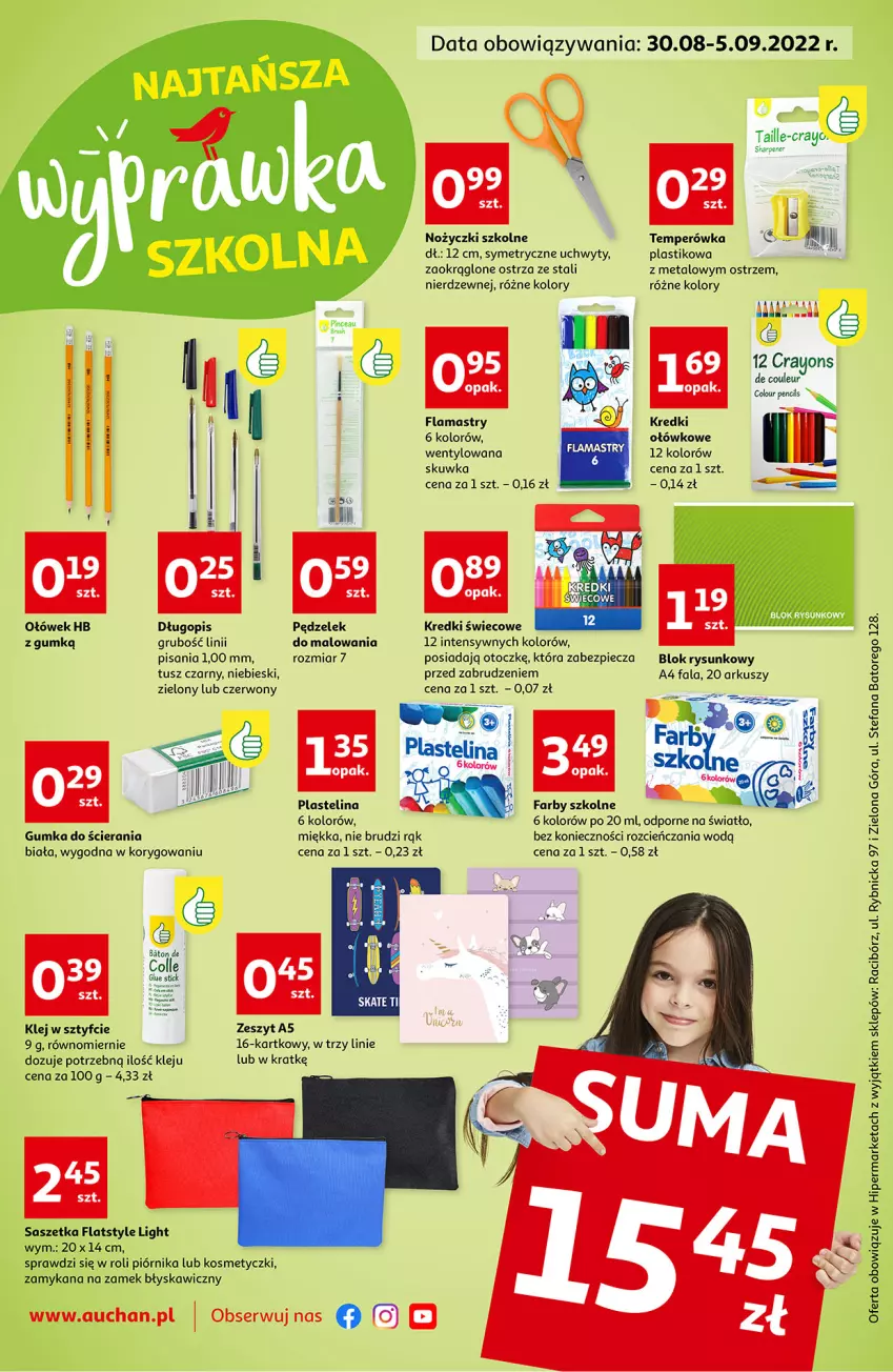 Gazetka promocyjna Auchan - Najtańsza wyprawka szkolna - ważna 30.08 do 05.09.2022 - strona 1 - produkty: Baton, Cień, Długopis, Fa, Flamastry, Klej, Noż, Nożyczki, Piec, Piórnik, Plastelina, Por, Ser, Sharp, Tusz, Uchwyty