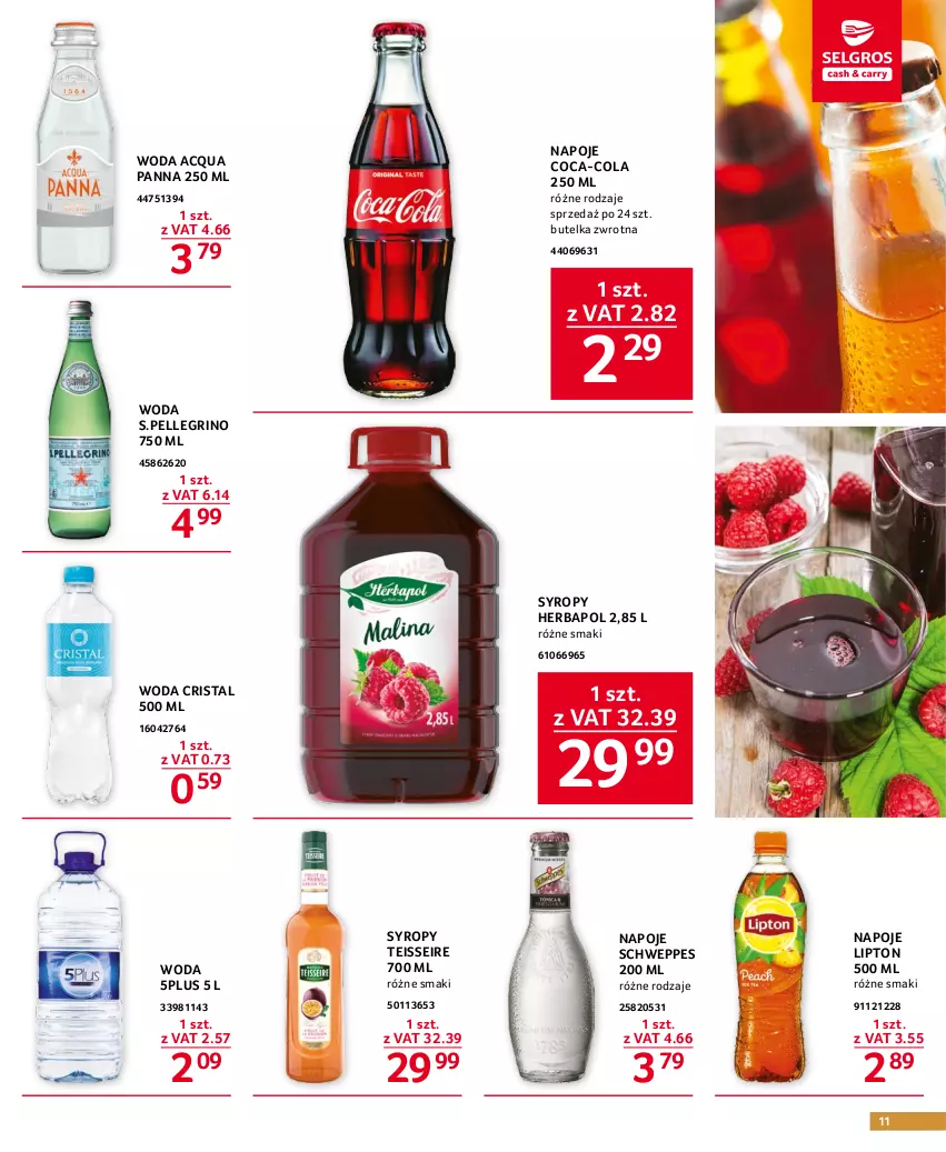 Gazetka promocyjna Selgros - Oferta gastronomiczna - ważna 16.03 do 29.03.2023 - strona 11 - produkty: Acqua Panna, Coca-Cola, Herbapol, Lipton, Napoje, Schweppes, Syrop, Syropy, Woda