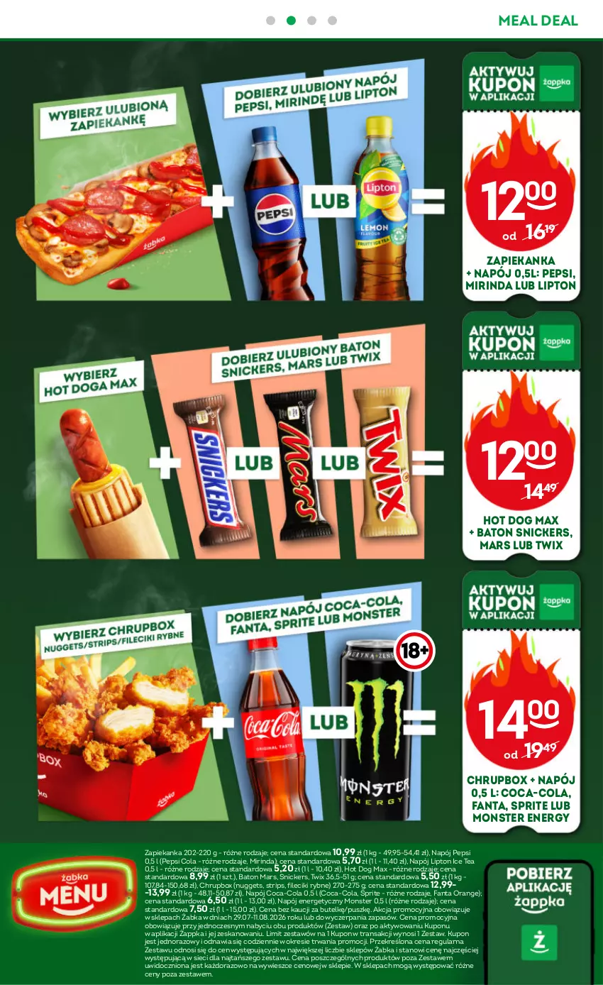 Gazetka promocyjna Żabka - gazetka-promocyjna-31-32-2026 - ważna 29.07 do 11.08.2026 - strona 63 - produkty: Baton, Coca-Cola, Fa, Fanta, Hot dog, Ice tea, Lipton, Mars, Mirinda, Napój, Napój energetyczny, Pepsi, Snickers, Sprite, Tran, Twix, Zapiekanka