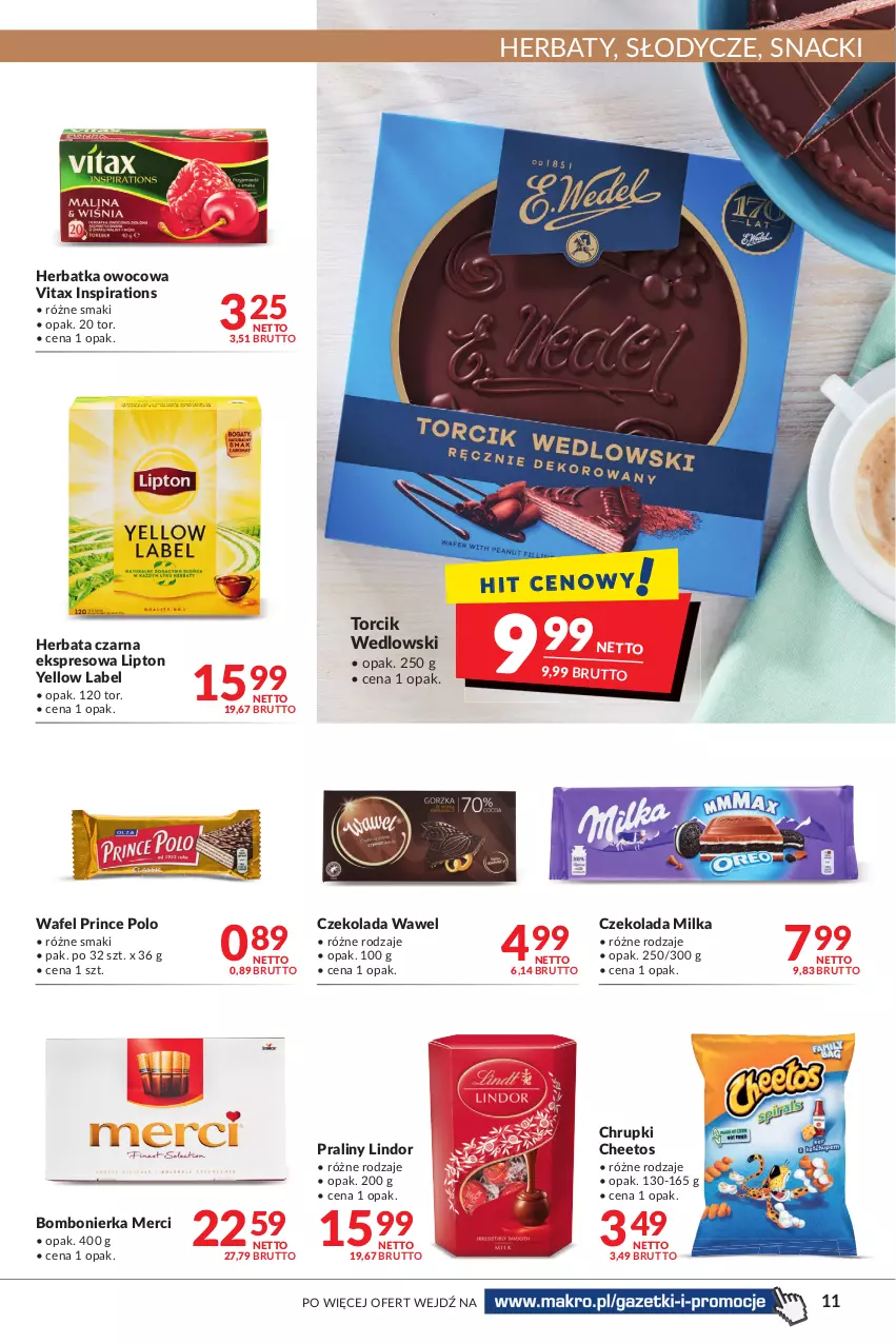 Gazetka promocyjna Makro - [Oferta promocyjna] Artykuły spożywcze i przemysłowe - ważna 22.03 do 04.04.2022 - strona 11 - produkty: Cheetos, Chrupki, Czekolada, Herbata, Herbata czarna, Lindor, Lipton, Merci, Milka, Praliny, Prince Polo, Vitax, Wawel